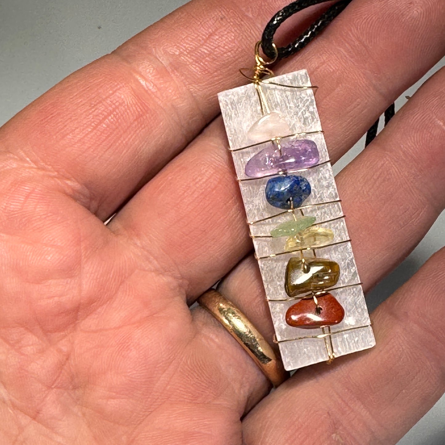 Chakra Wand Pendant on Selenite with adjustable neck cord