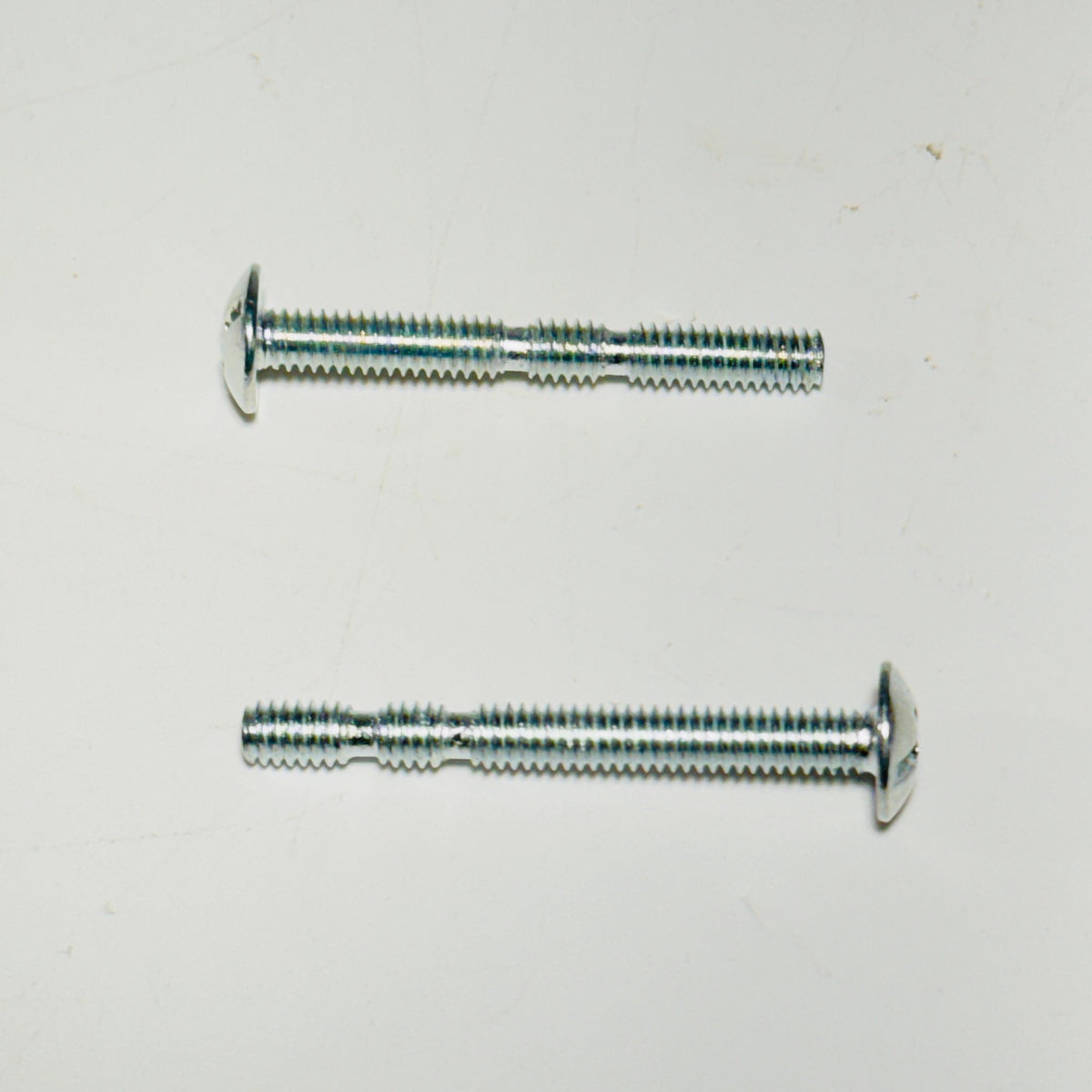 Two chrome mounting screws with washers shown on white surface