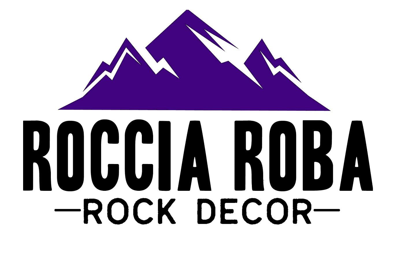 ROCCIA ROBA rock decor logo with purple mountains and black text