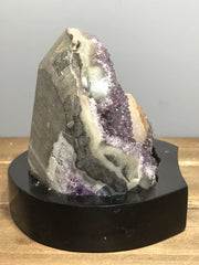 Amethyst geode with calcite on a wood base - RocciaRoba