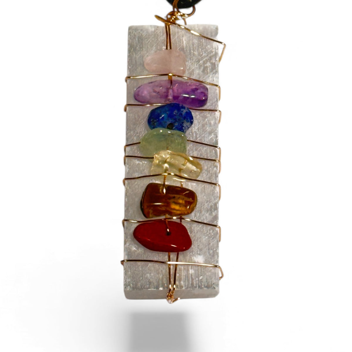 Chakra Wand Pendant on Selenite with adjustable neck cord
