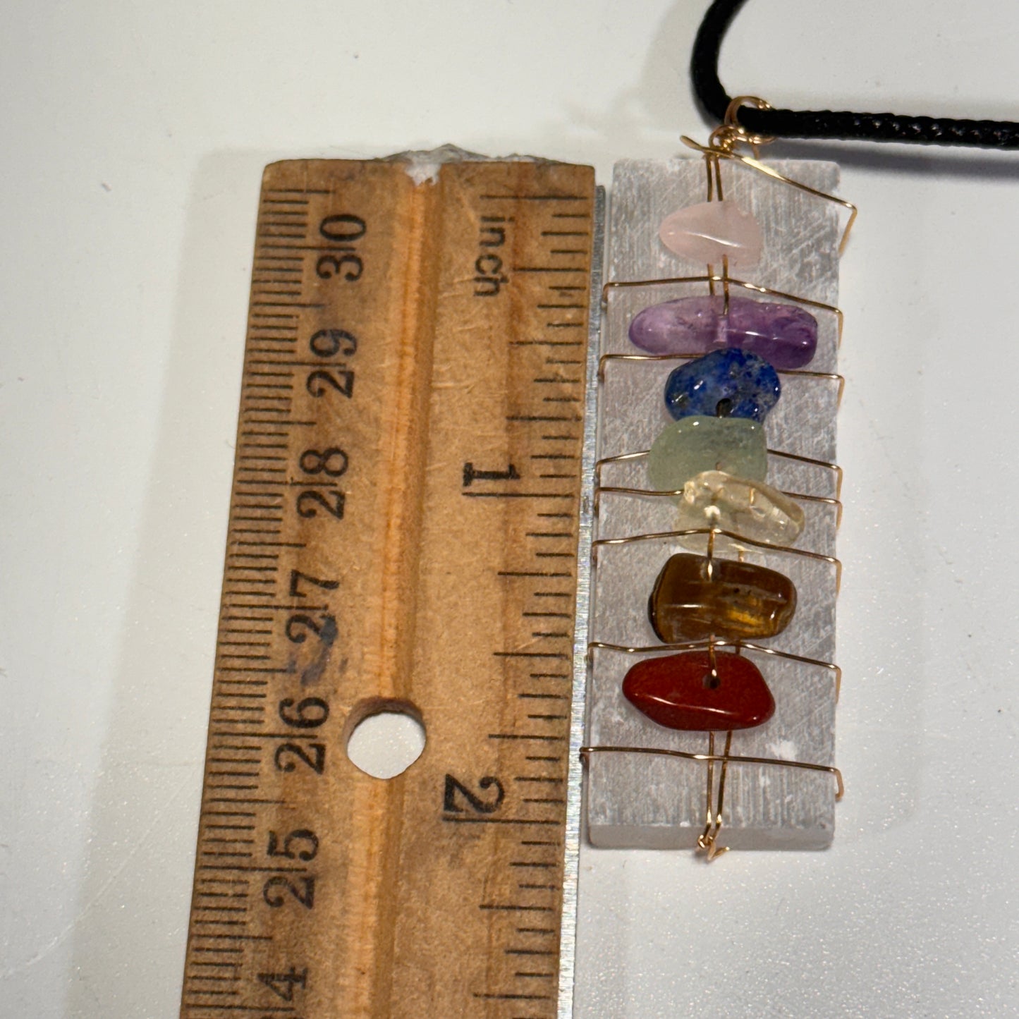 Chakra Wand Pendant on Selenite with adjustable neck cord