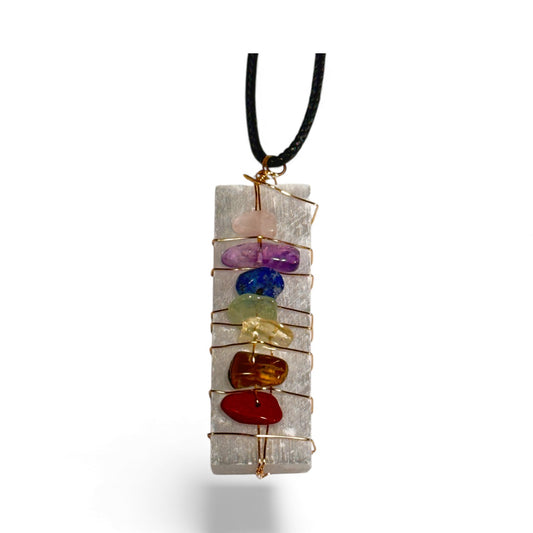 Chakra Wand Pendant on Selenite with adjustable neck cord