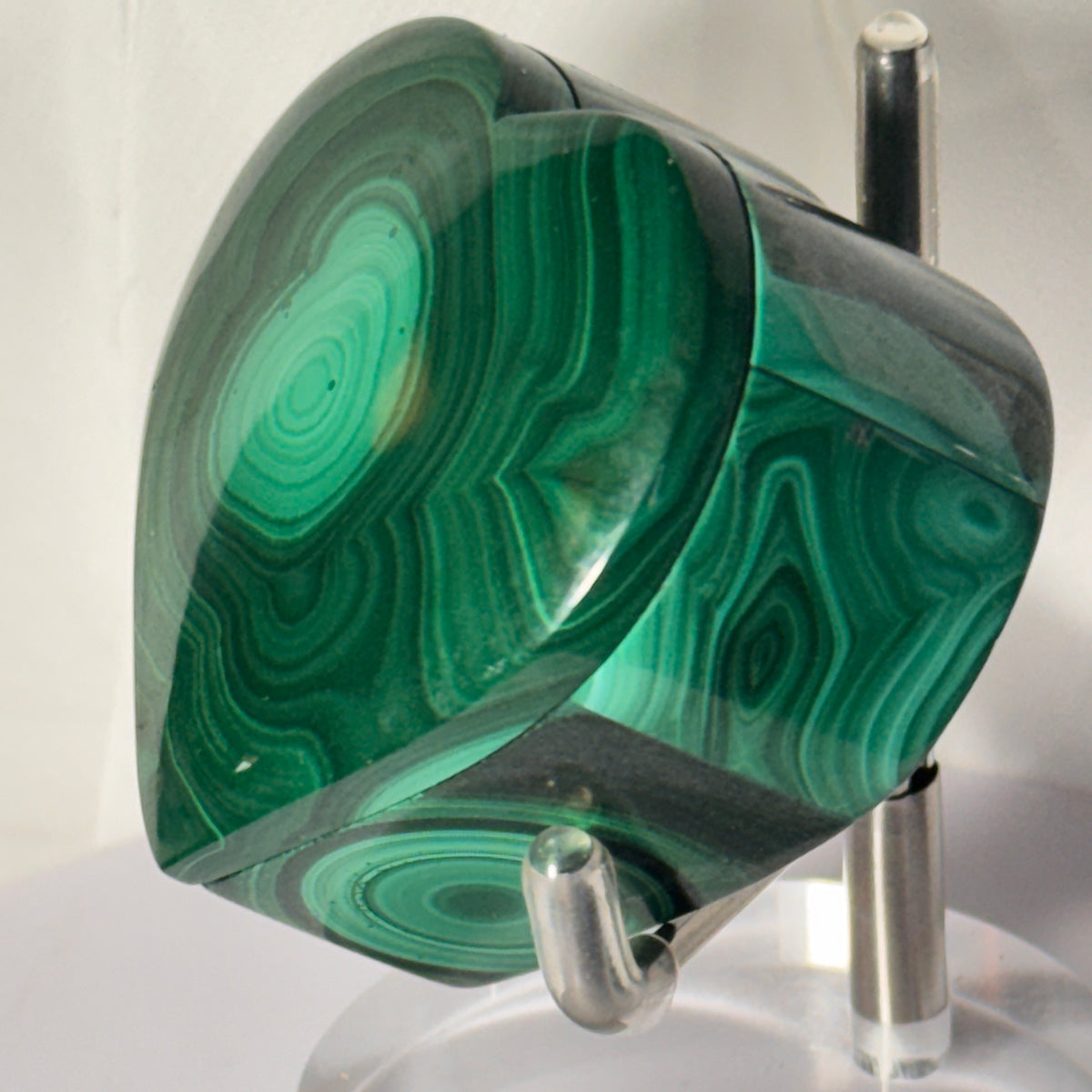 Malachite heart jewelry box with hinged lid, swirling green and teal stone patterns