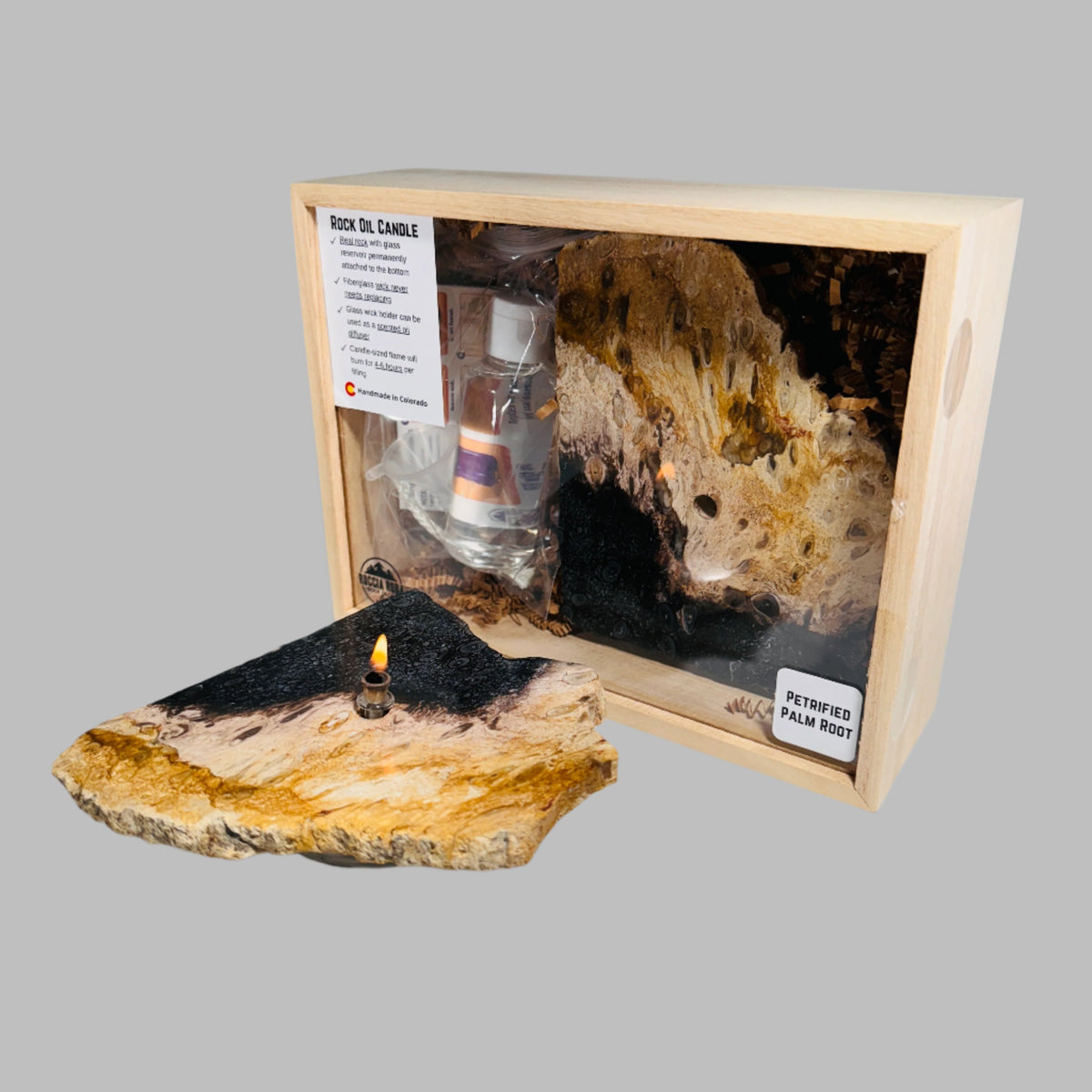 Rock Candle gift box - petrified palm root