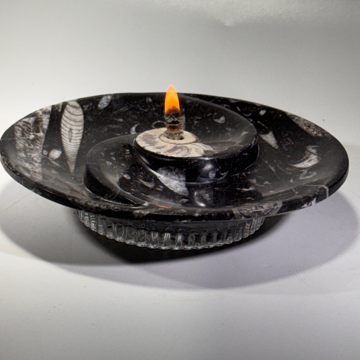 Moroccan Cephalopod Fossil Bowl Candle – Ammonite & Orthoceras Rock Oil Lamp for Home Decor