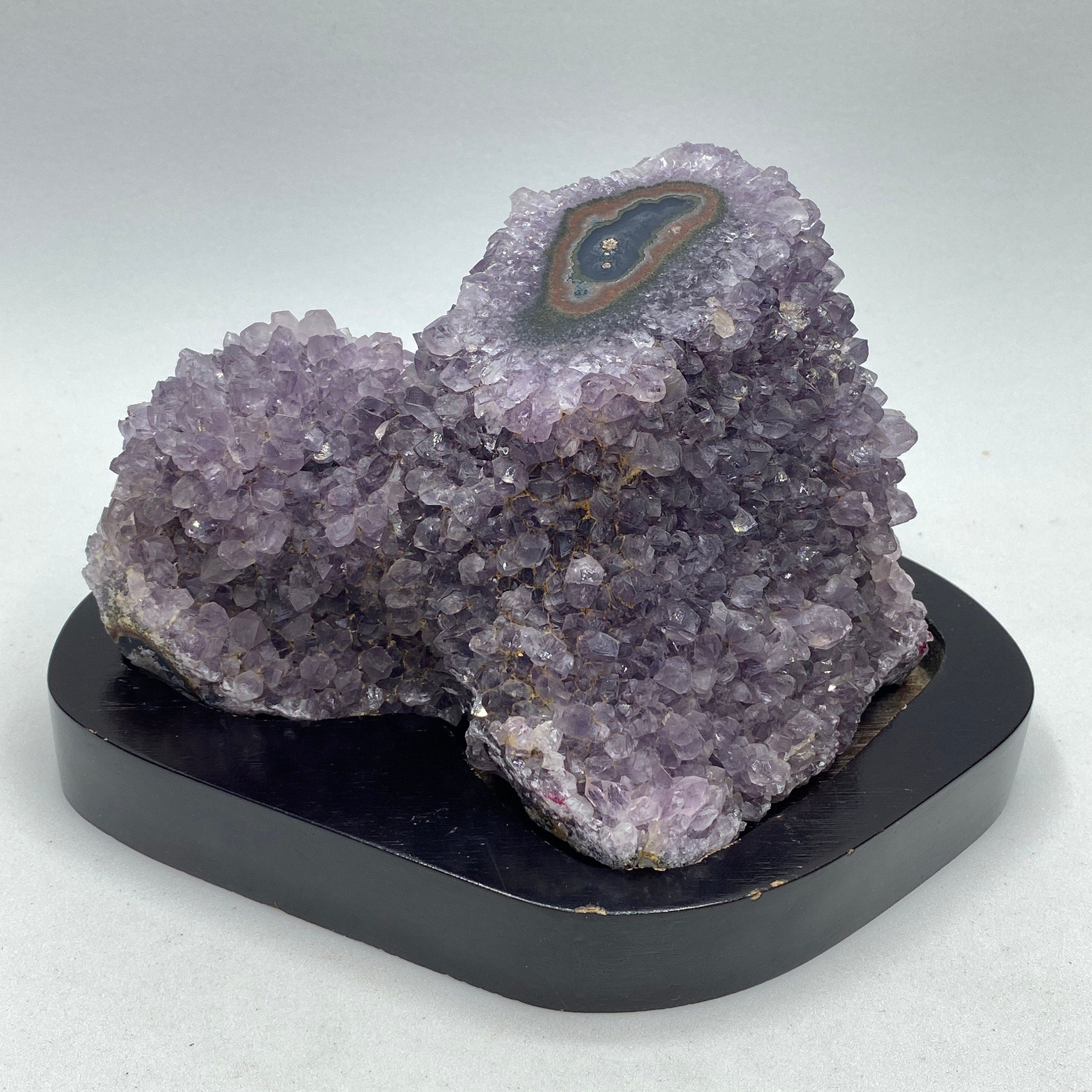 [shopname] - Amethyst geode stalagmite on a wood base, rock decor