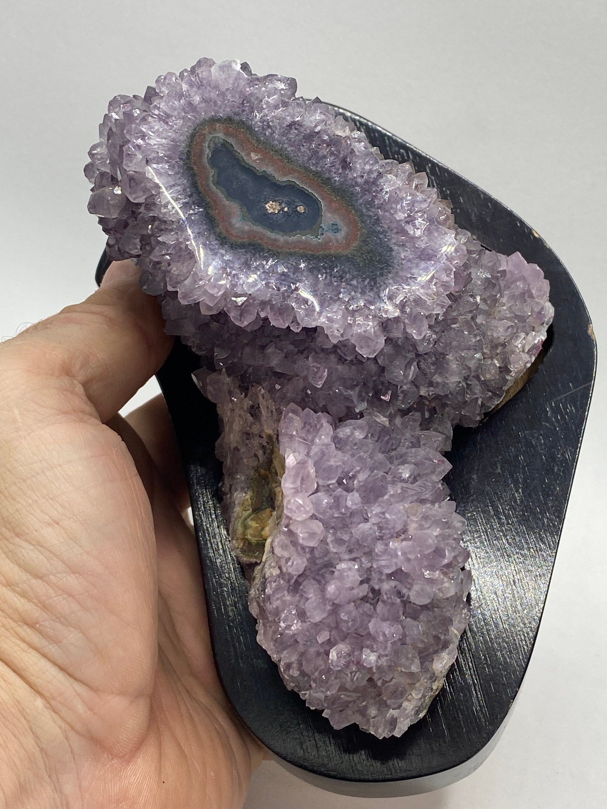 [shopname] - Amethyst geode stalagmite on a wood base, rock decor