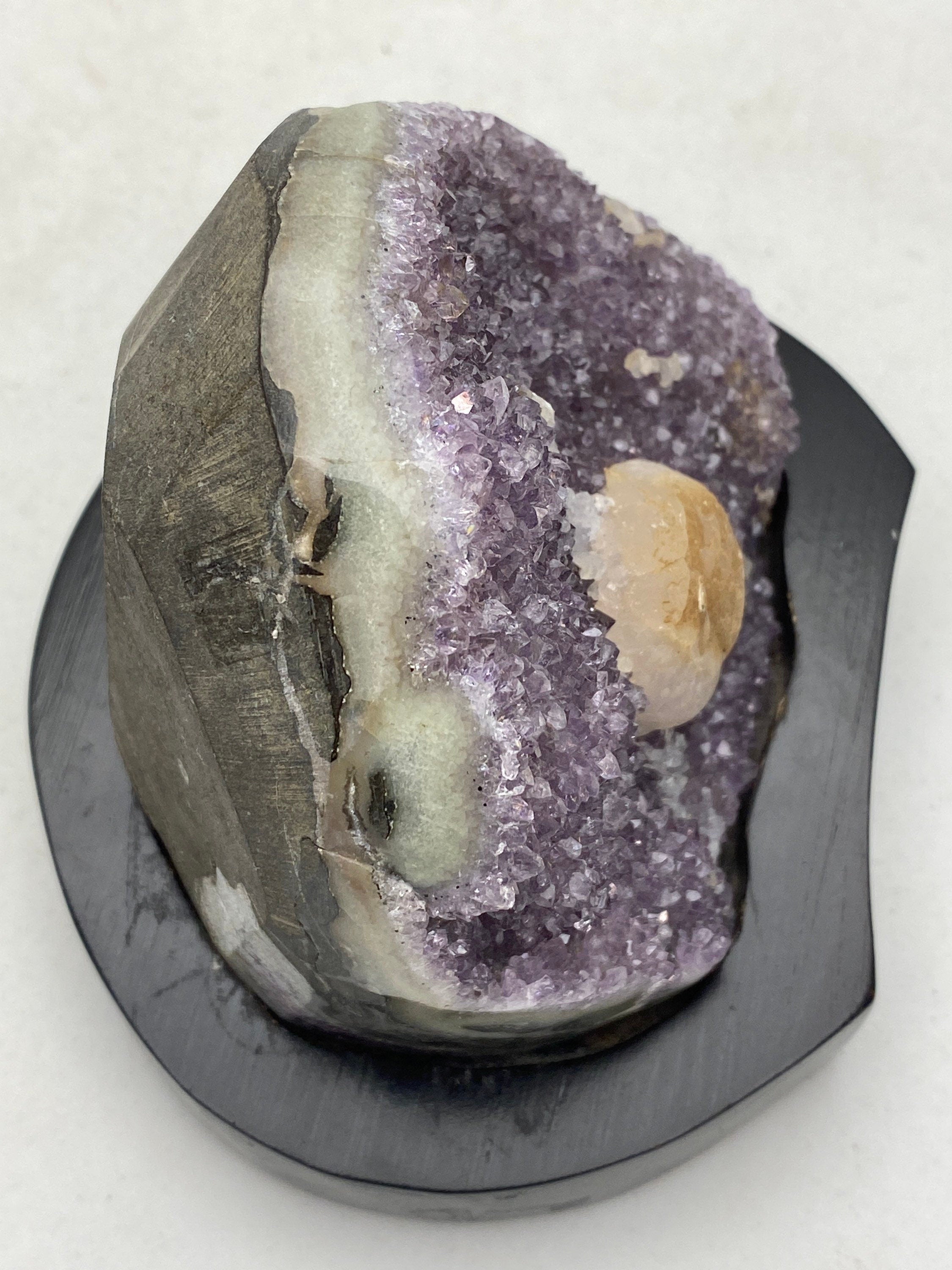 [shopname] - Amethyst geode cluster on a wood base, rock decor