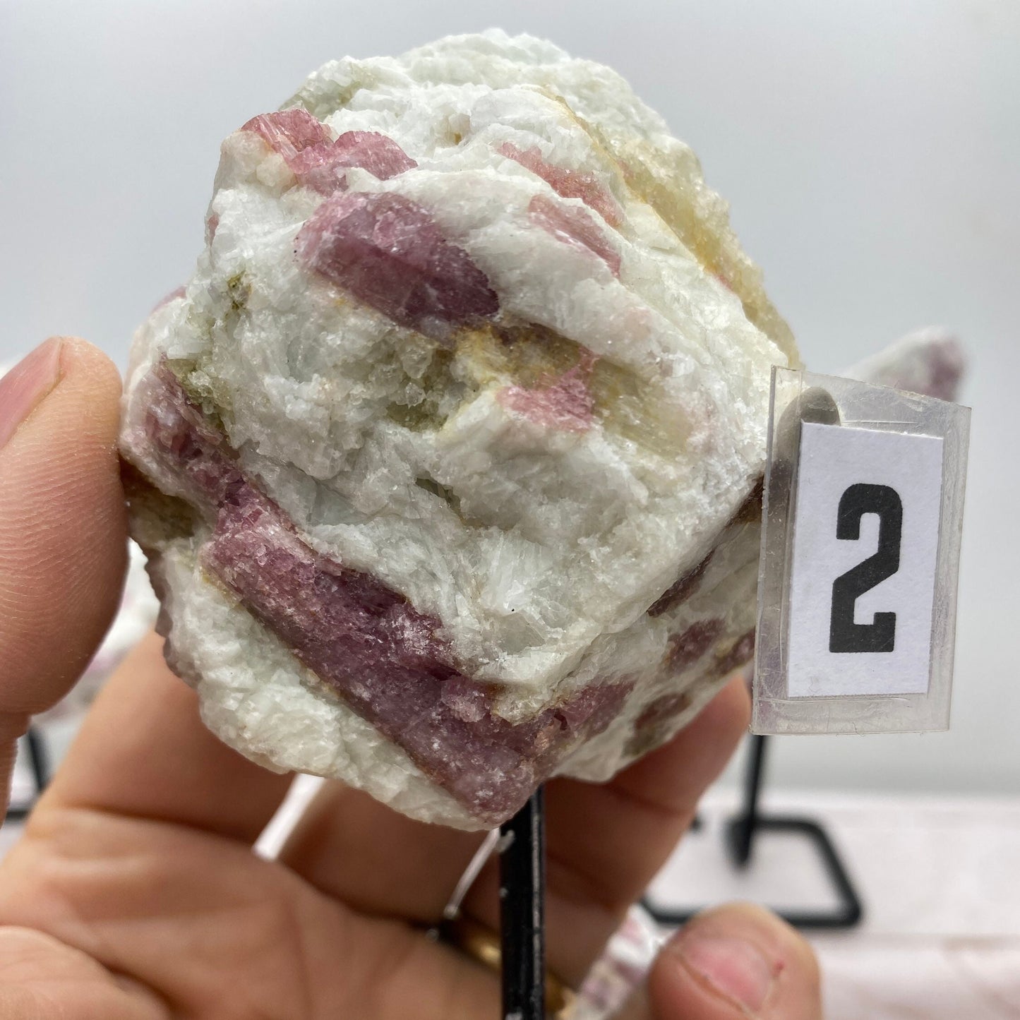 [shopname] - Pink tourmaline on a metal stand, rock decor