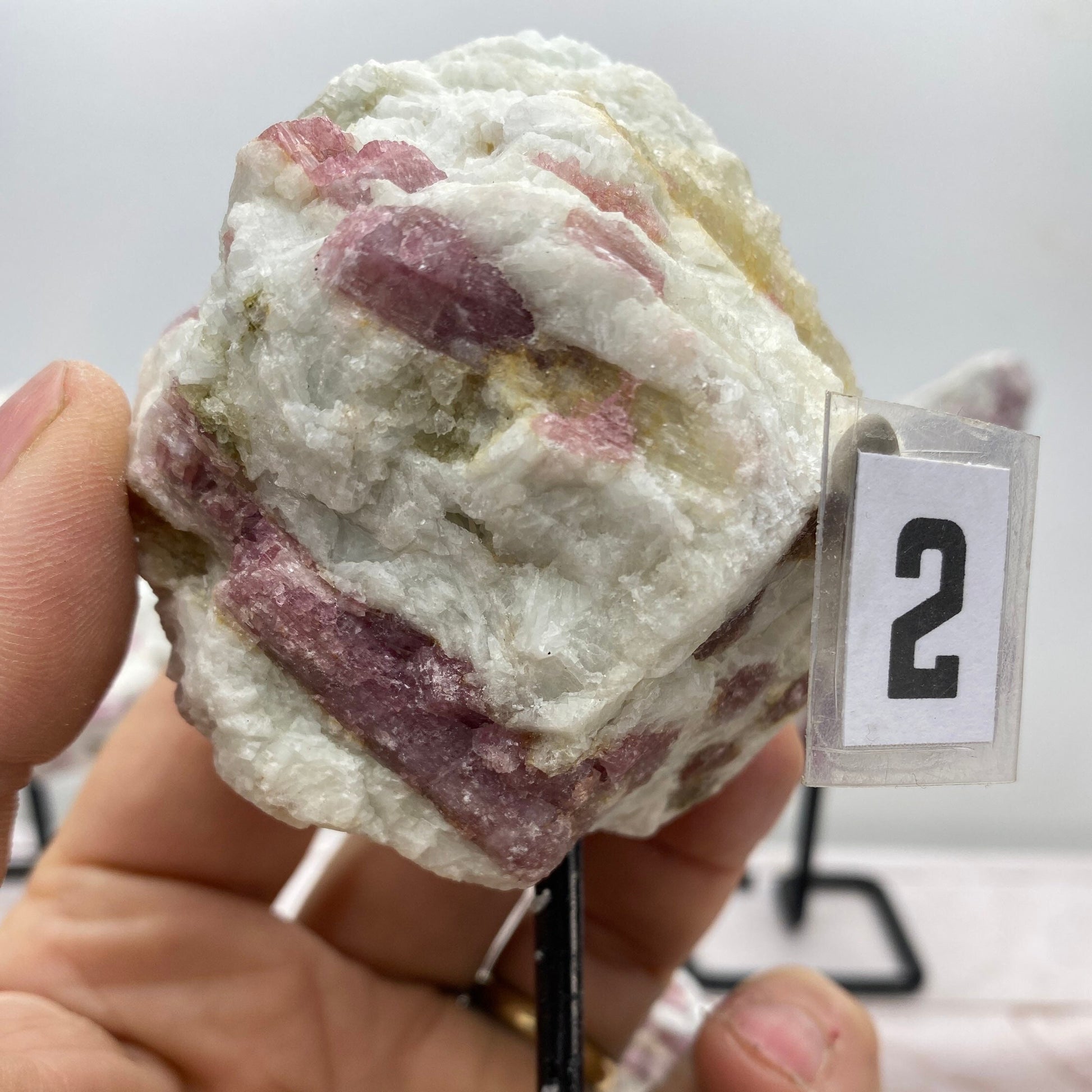 [shopname] - Pink tourmaline on a metal stand, rock decor