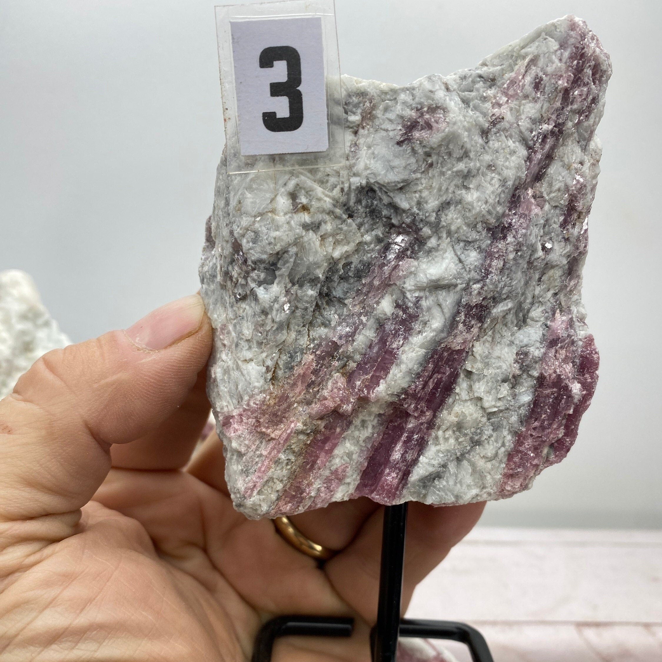 [shopname] - Pink tourmaline on a metal stand, rock decor
