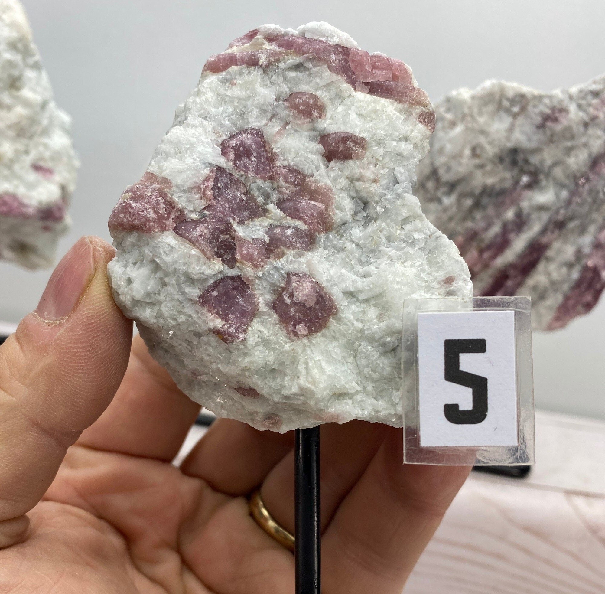 [shopname] - Pink tourmaline on a metal stand, rock decor