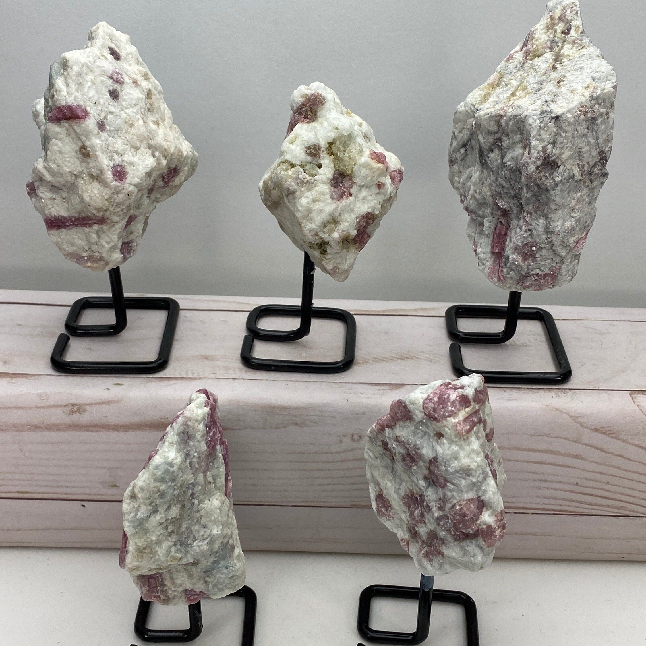 [shopname] - Pink tourmaline on a metal stand, rock decor