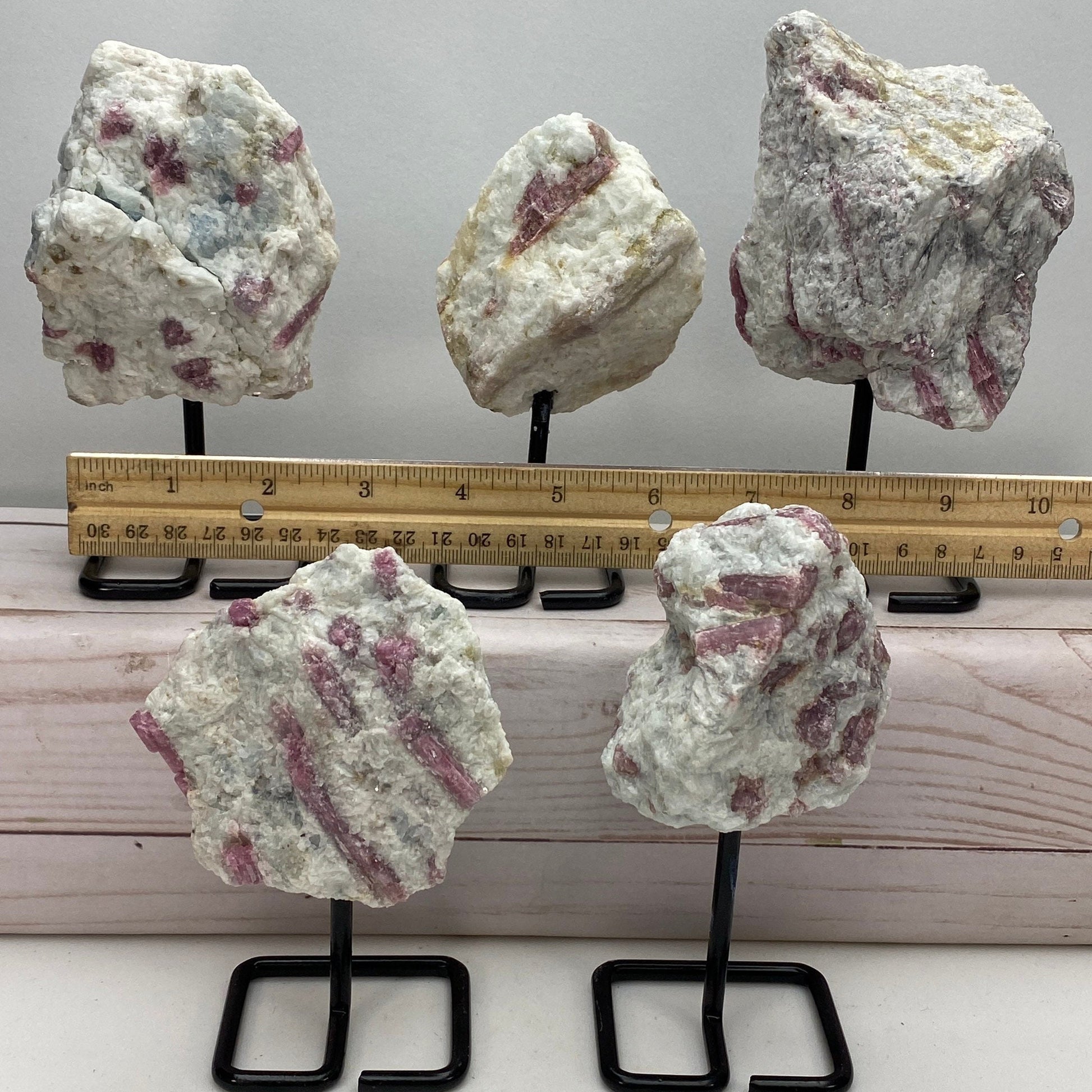 [shopname] - Pink tourmaline on a metal stand, rock decor