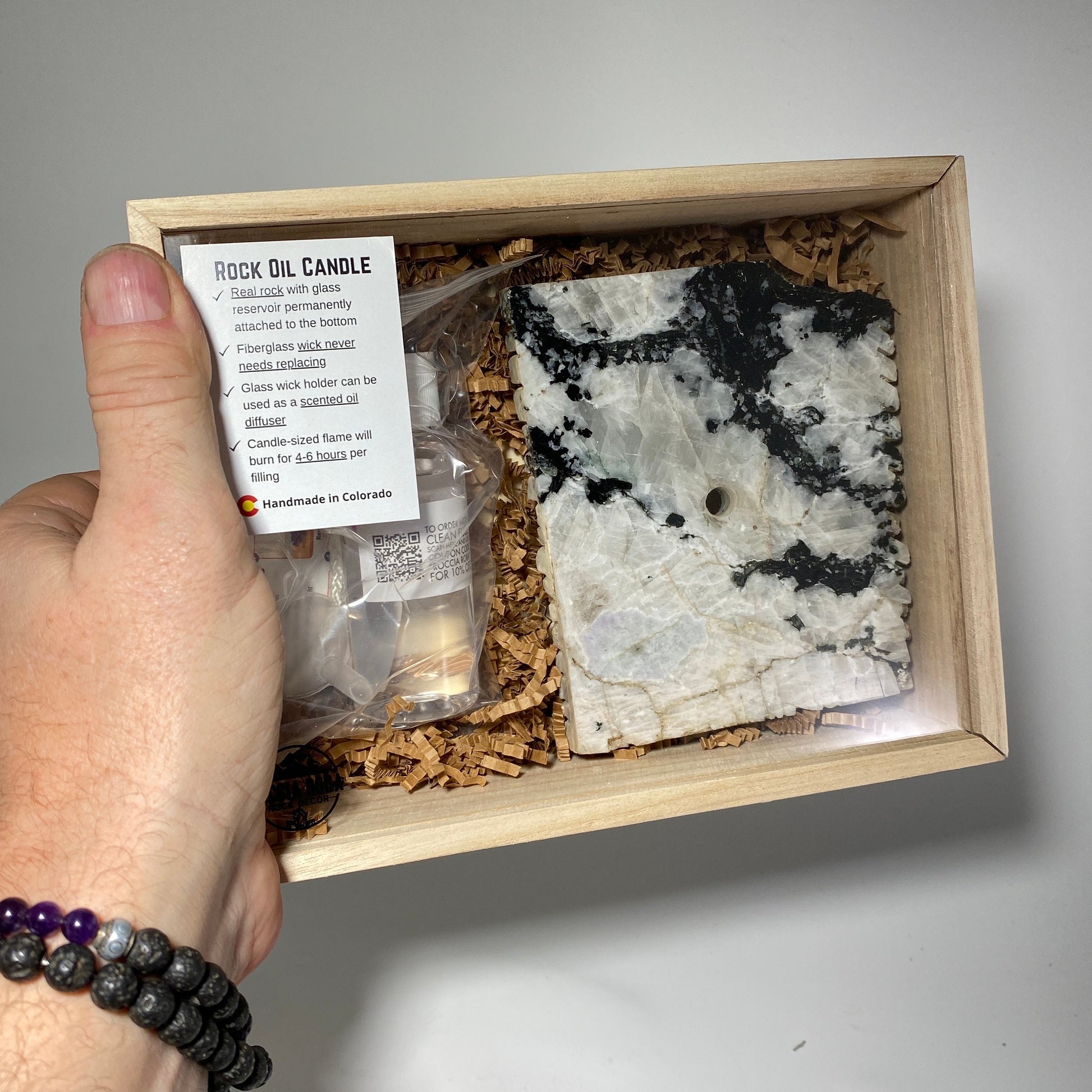 [shopname] - Rainbow Moonstone Rock Oil Candle Gift Box, rock decor