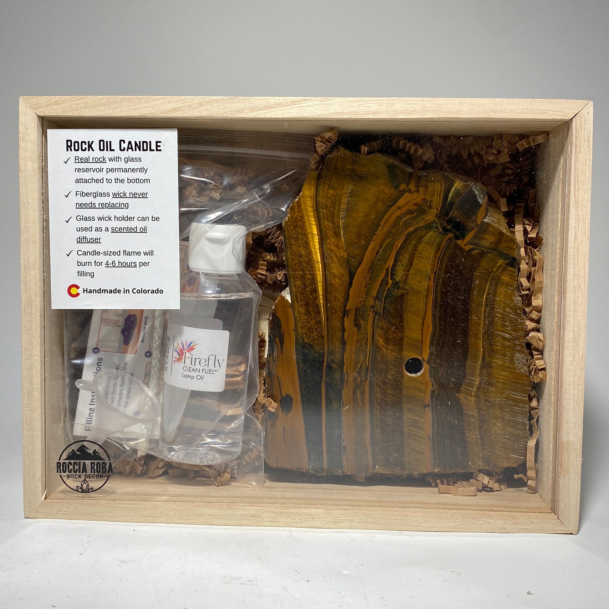 [shopname] - Rock Candle gift box - Tigers Eye, rock decor