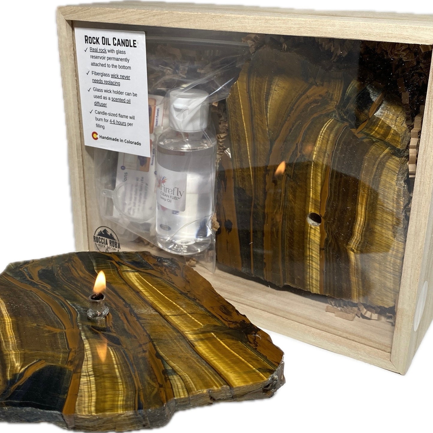 [shopname] - Rock Candle gift box - Tigers Eye, rock decor