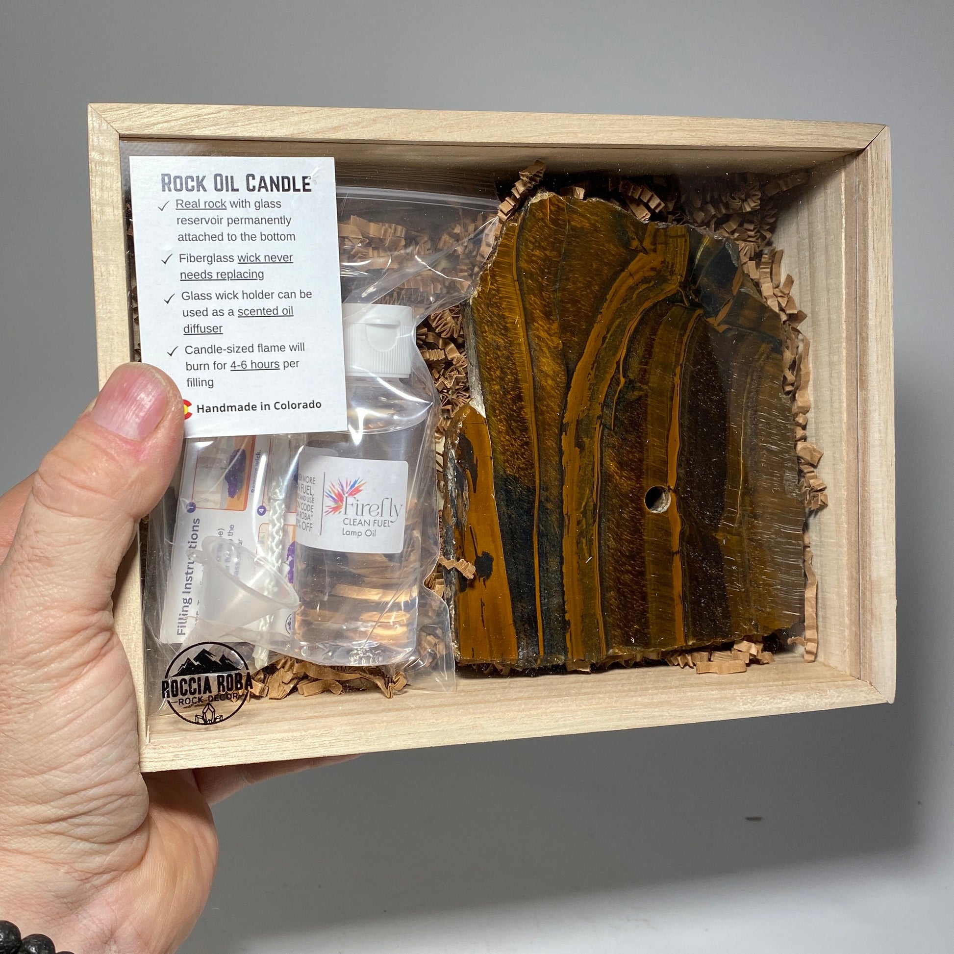 [shopname] - Rock Candle gift box - Tigers Eye, rock decor