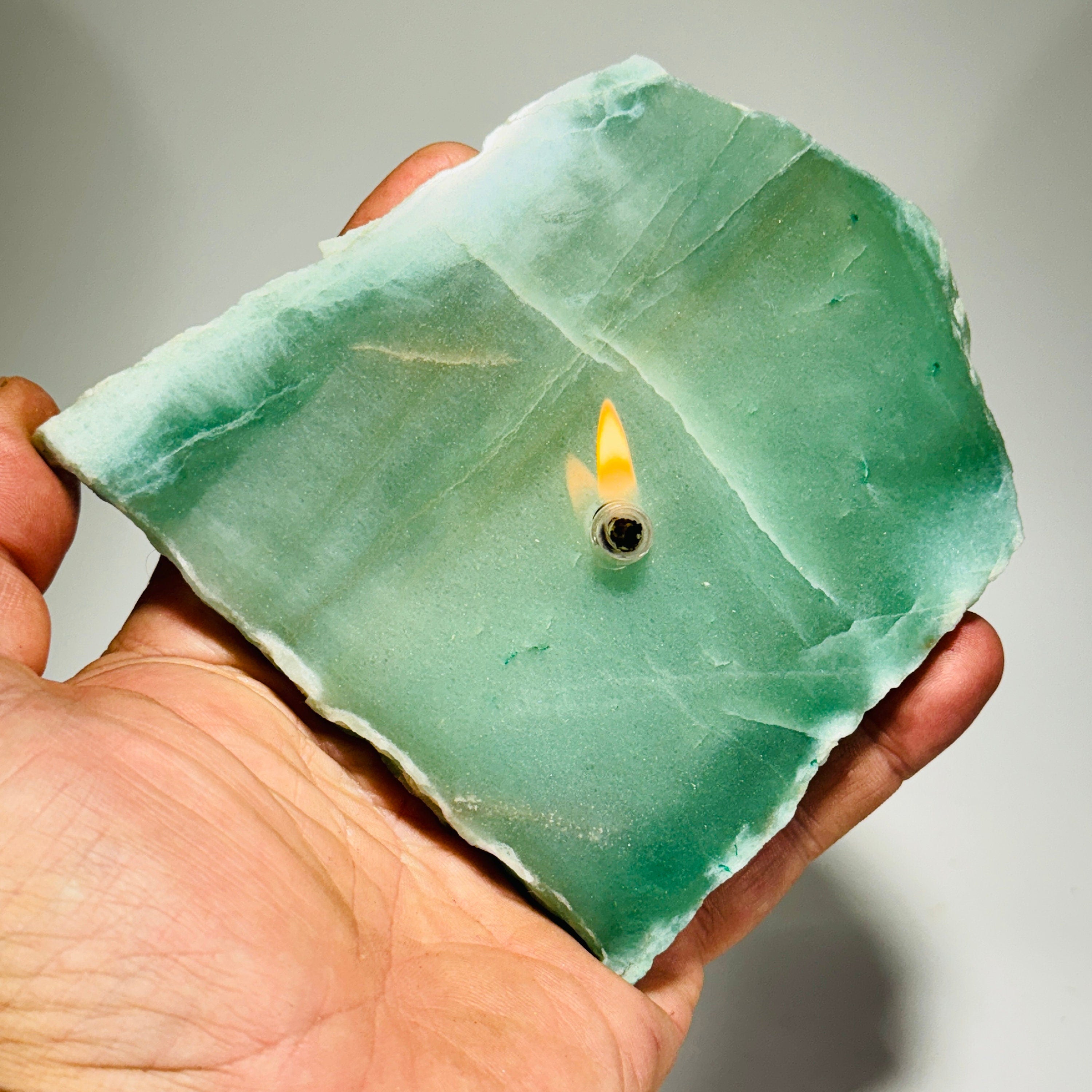 Rock Oil Candle - green quartz | unique rustic decor for the rock or candle lover, stone oil lamp, table centerpiece, crystal candle