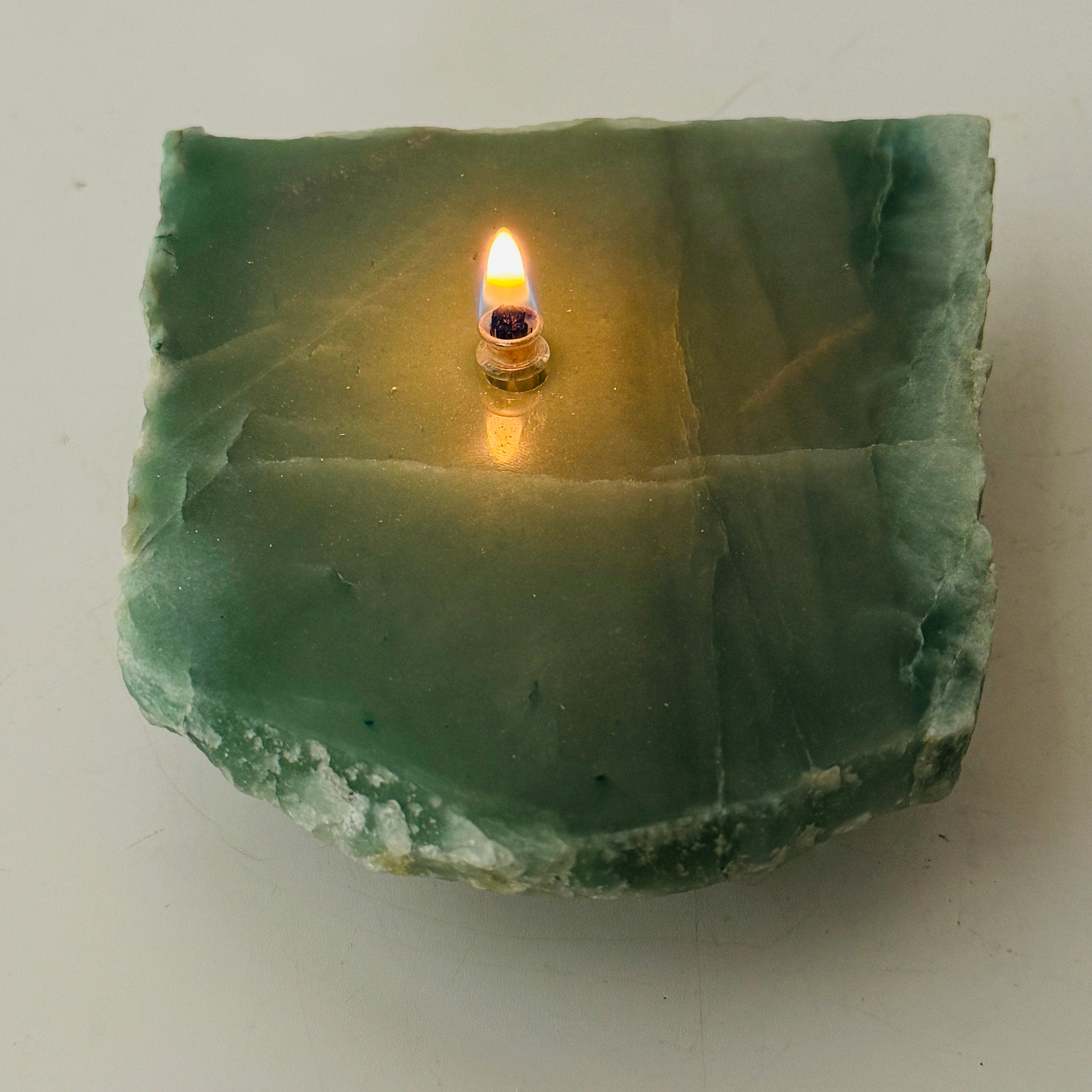 Rock Oil Candle - green quartz | unique rustic decor for the rock or candle lover, stone oil lamp, table centerpiece, crystal candle