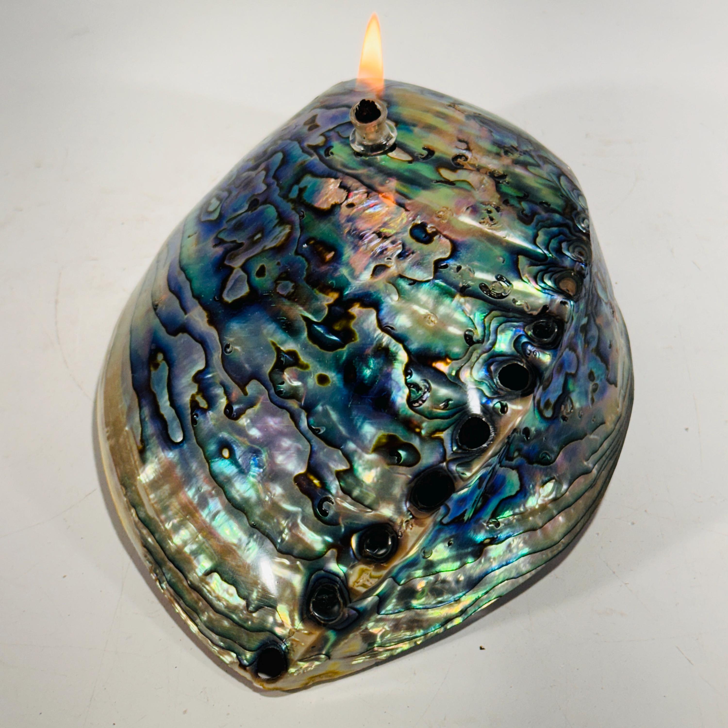 Rock Candle - Pāua Shell | amazing irridescent coloring, Agate oil lamp, unique home decor, shell, seashore or candle lover gift