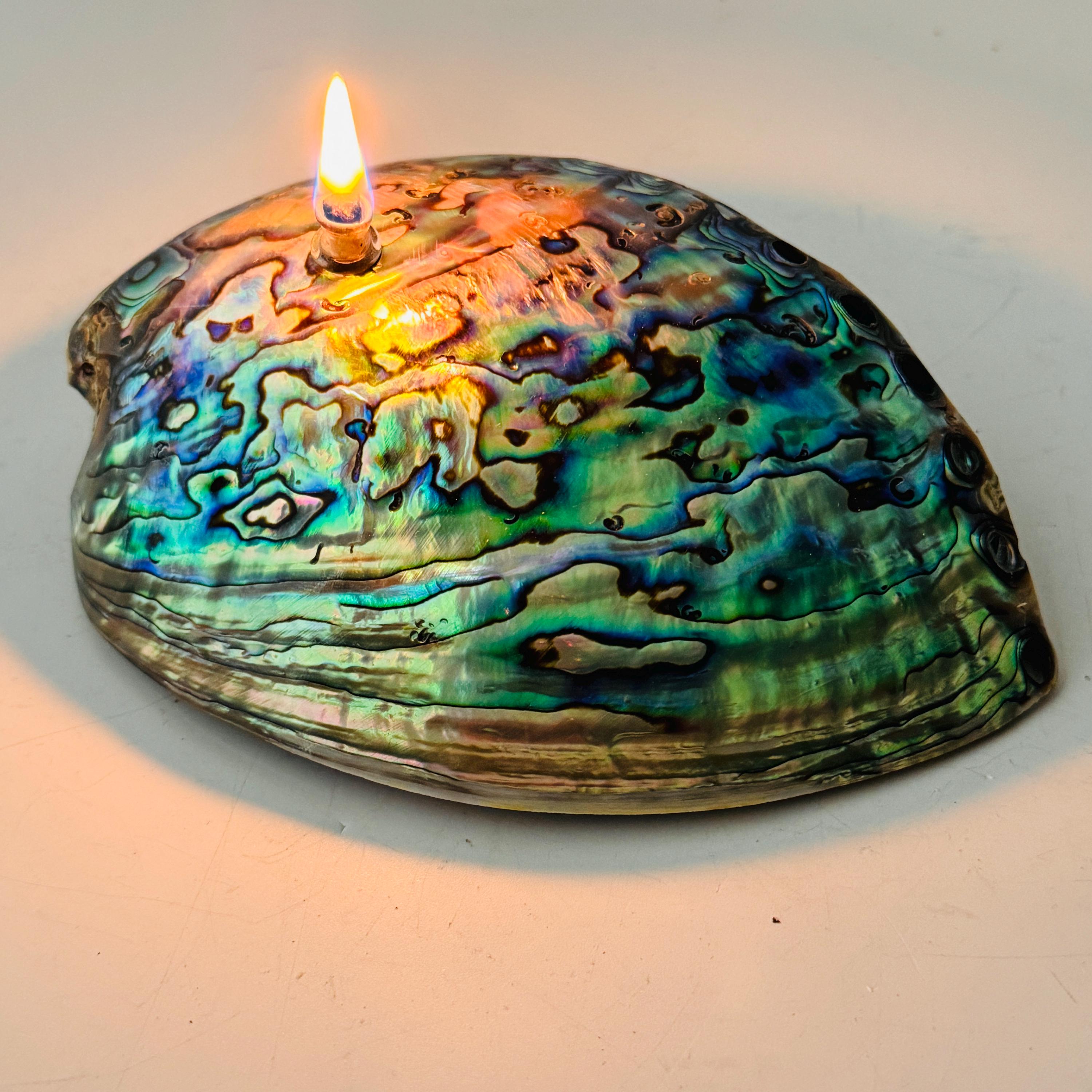 Rock Candle - Pāua Shell | amazing irridescent coloring, Agate oil lamp, unique home decor, shell, seashore or candle lover gift