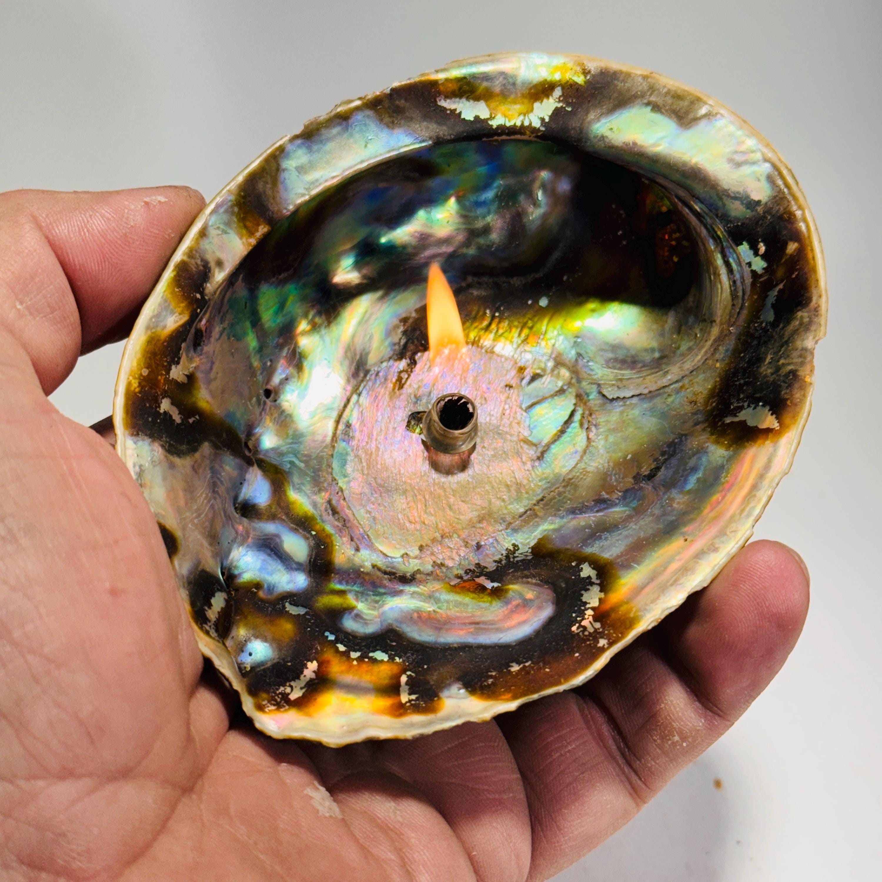 Rock Candle - Pāua Shell inside | amazing irridescent coloring, Agate oil lamp, unique home decor, shell, seashore or candle lover gift