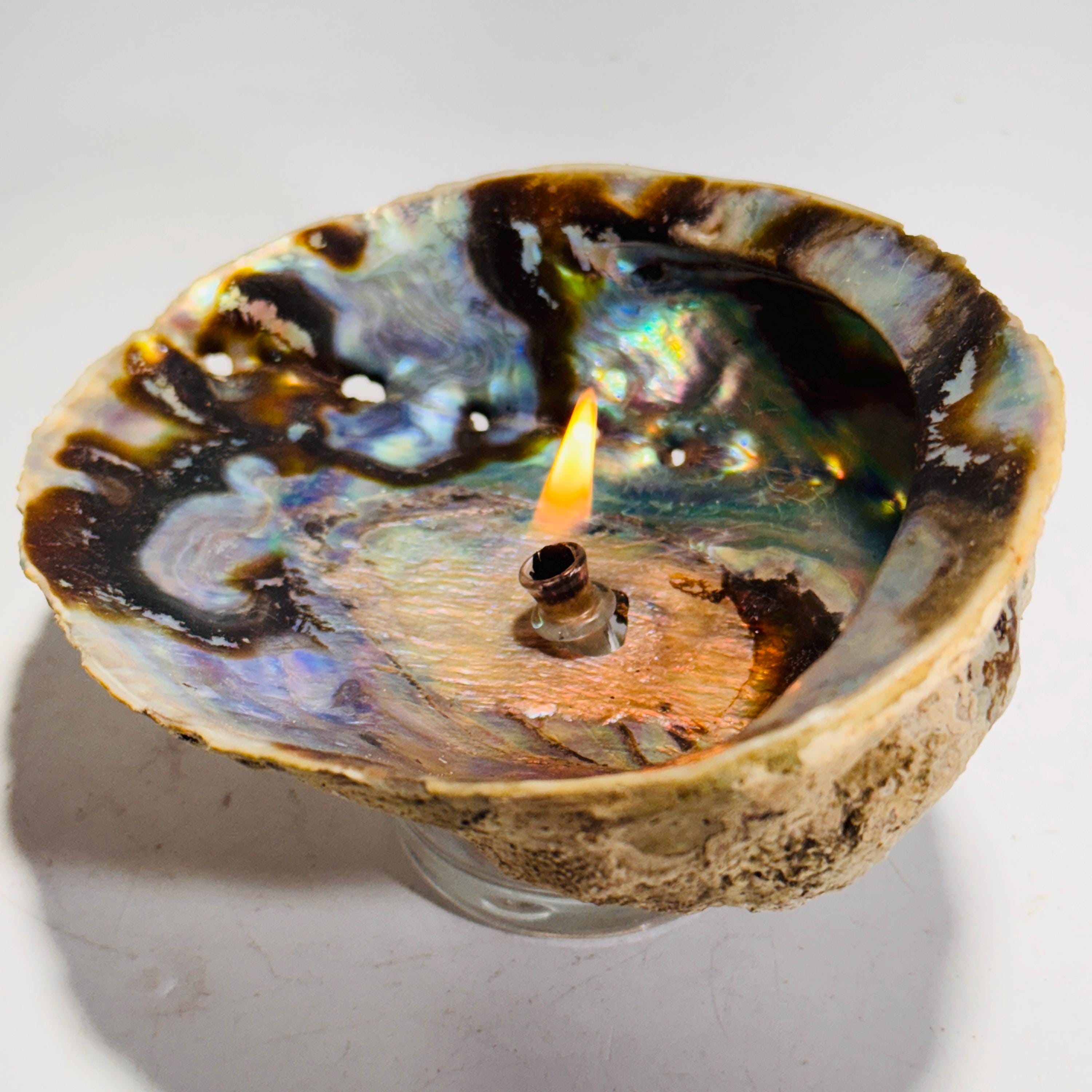 Rock Candle - Pāua Shell inside | amazing irridescent coloring, Agate oil lamp, unique home decor, shell, seashore or candle lover gift