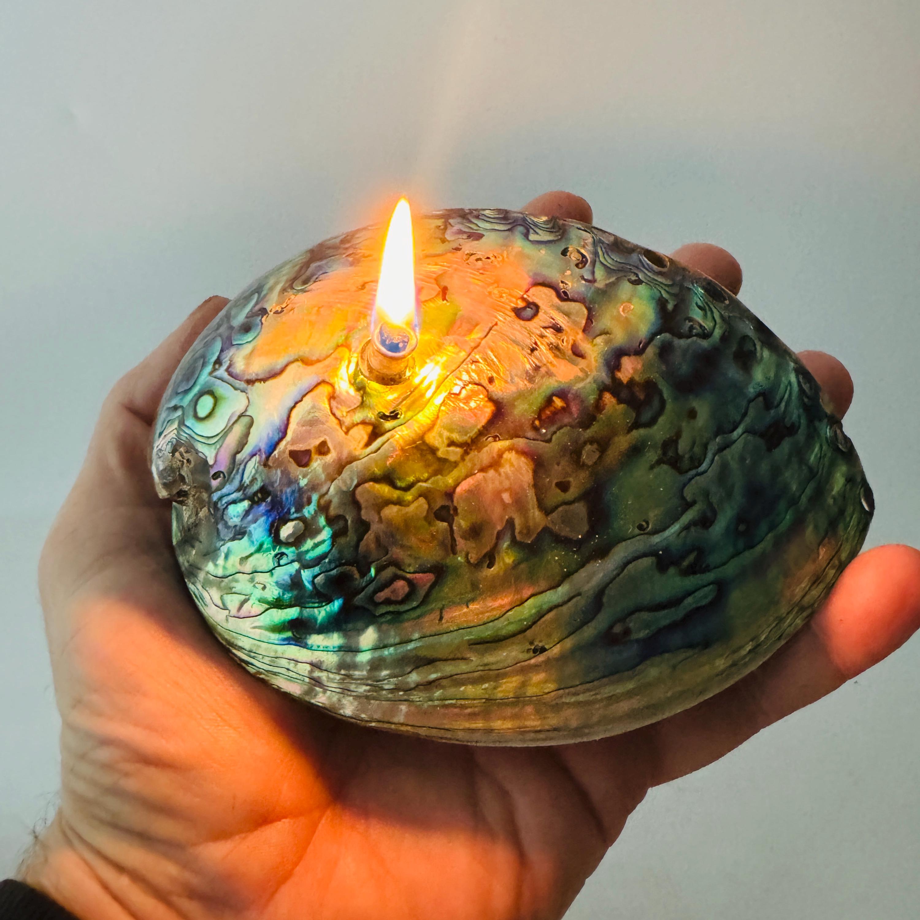 Rock Candle - Pāua Shell | amazing irridescent coloring, Agate oil lamp, unique home decor, shell, seashore or candle lover gift