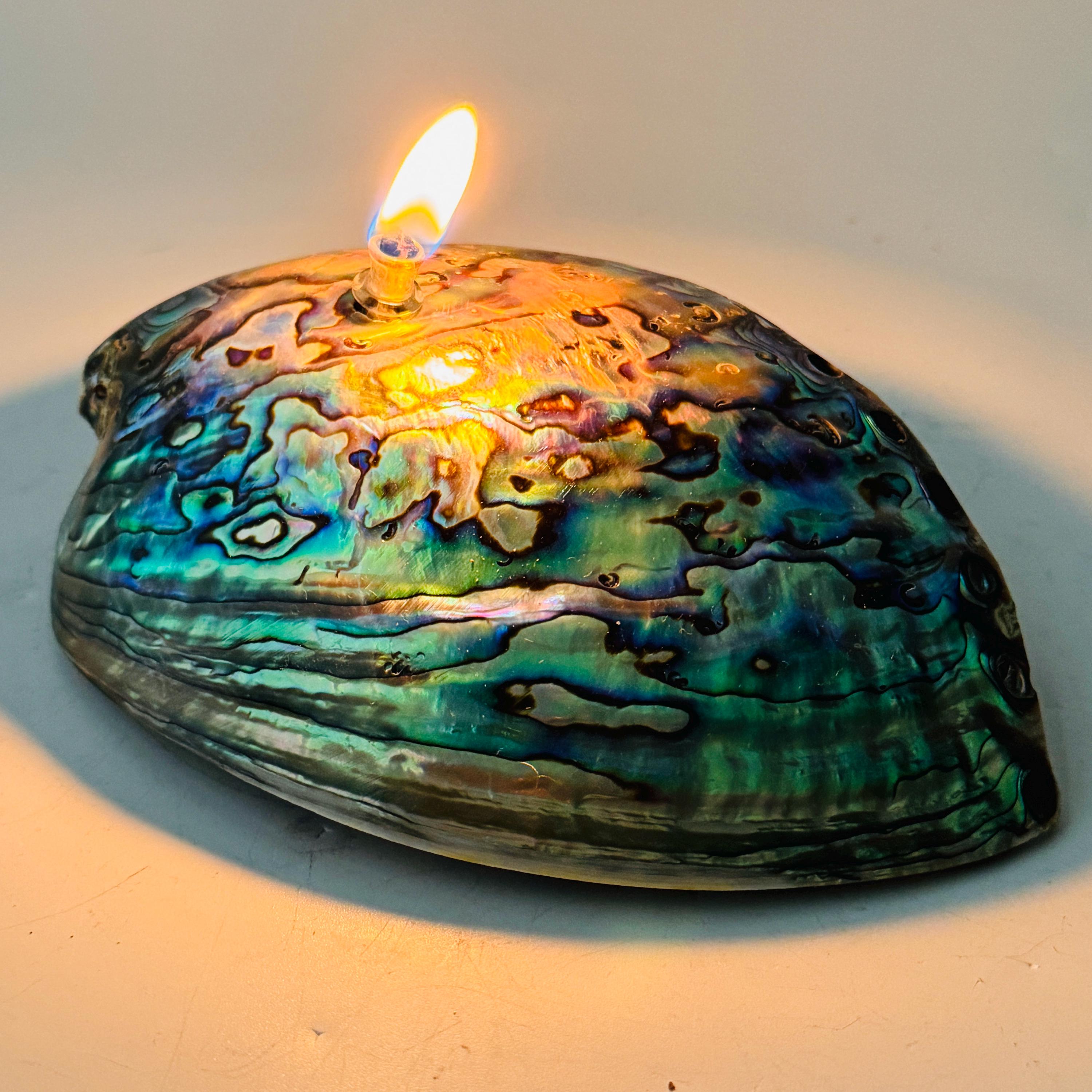 Rock Candle - Pāua Shell | amazing irridescent coloring, Agate oil lamp, unique home decor, shell, seashore or candle lover gift