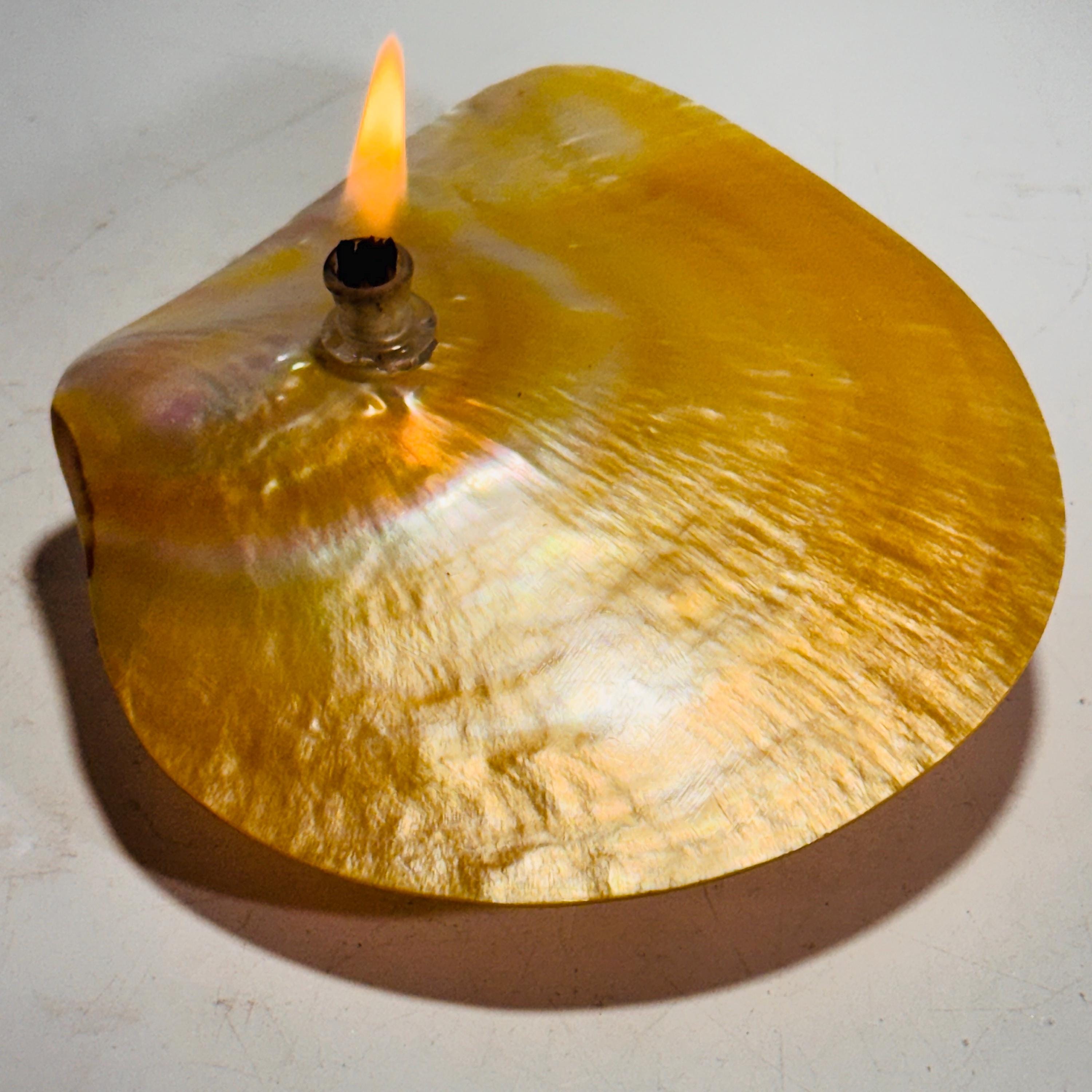 Rock Candle-Gold White Mother of Pearl Shell | gorgeous yellow shell, rock oil lamp, unique home decor, shell, seashore or candle lover gift