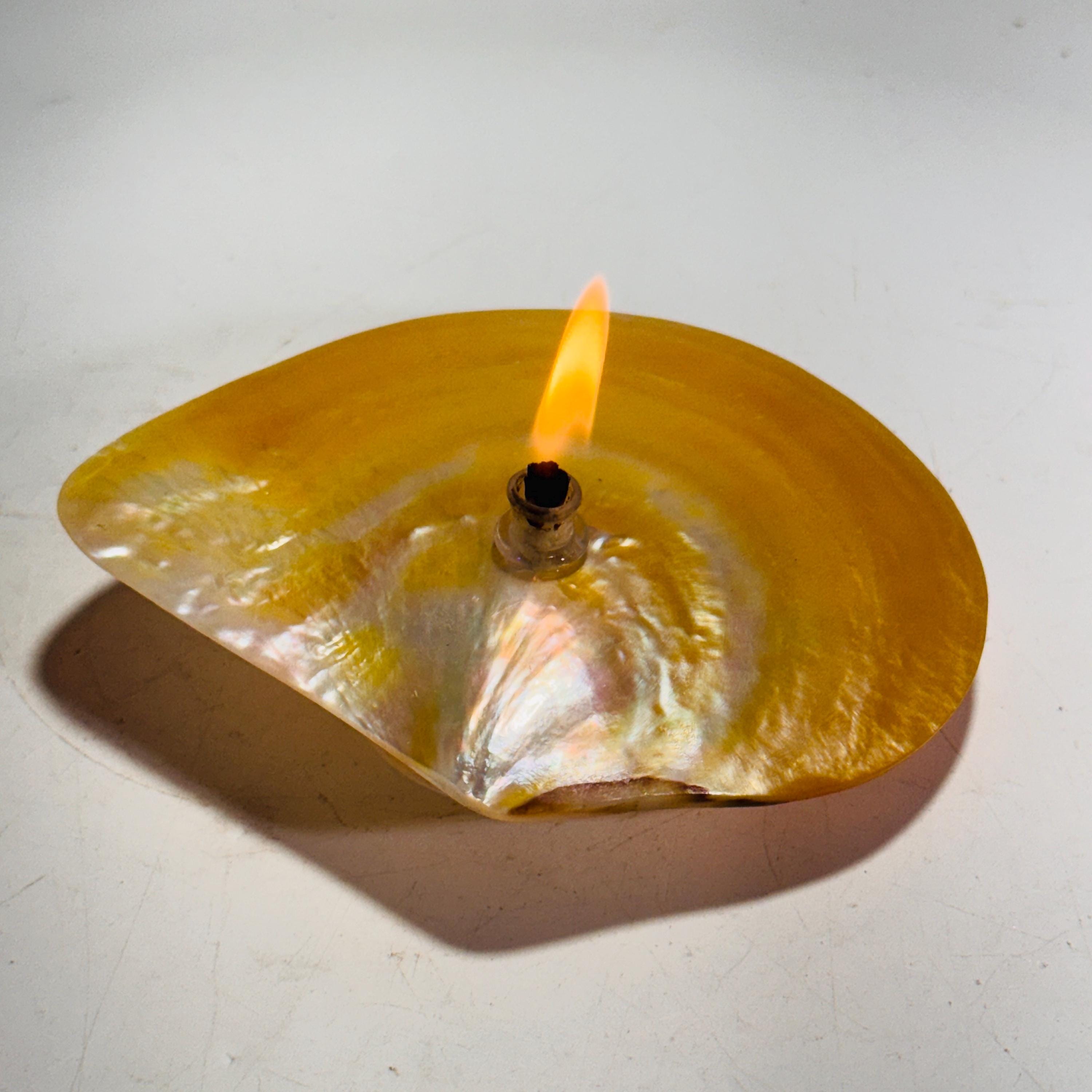 Rock Candle-Gold White Mother of Pearl Shell | gorgeous yellow shell, rock oil lamp, unique home decor, shell, seashore or candle lover gift