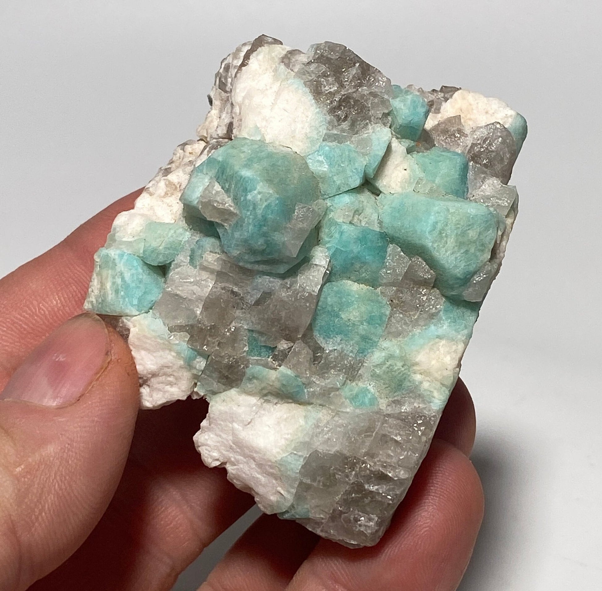 [shopname] - Amazonite crystal with smoky quartz, rock decor