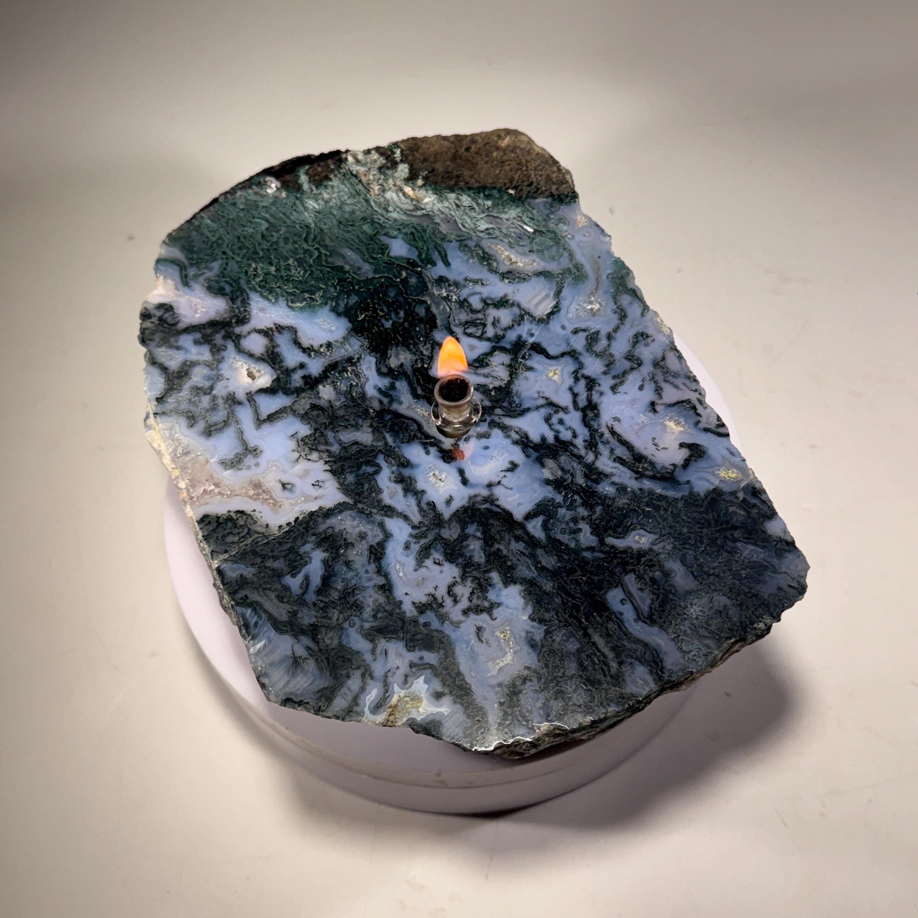 [shopname] - Moss Agate Rock Candle, rock decor