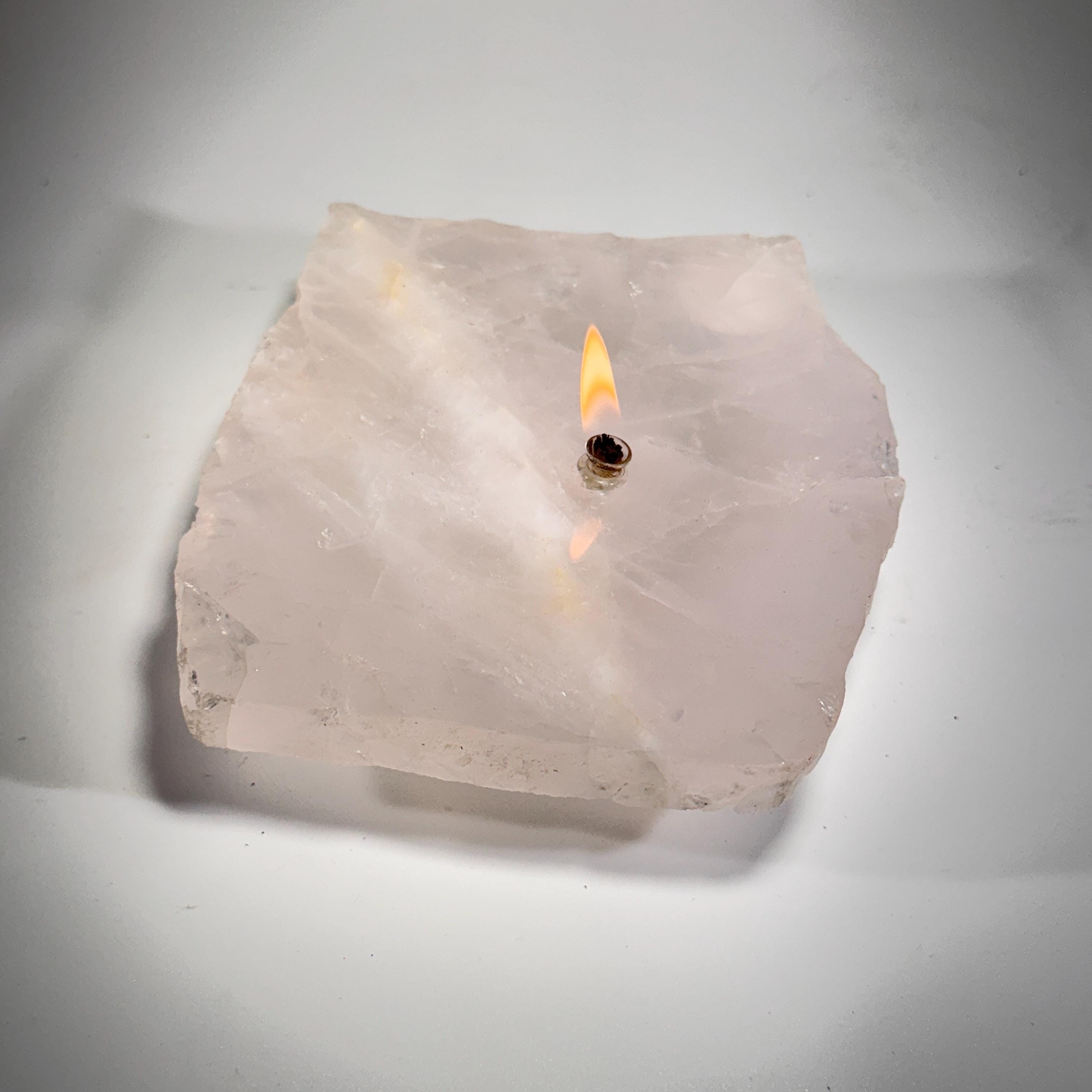 [shopname] - Rose Quartz Rock Candle | crystal oil candle, rock oil lamp, crystal decor, rose quartz lamp, pink oil lamp, Rock or candle lover gift, rock decor
