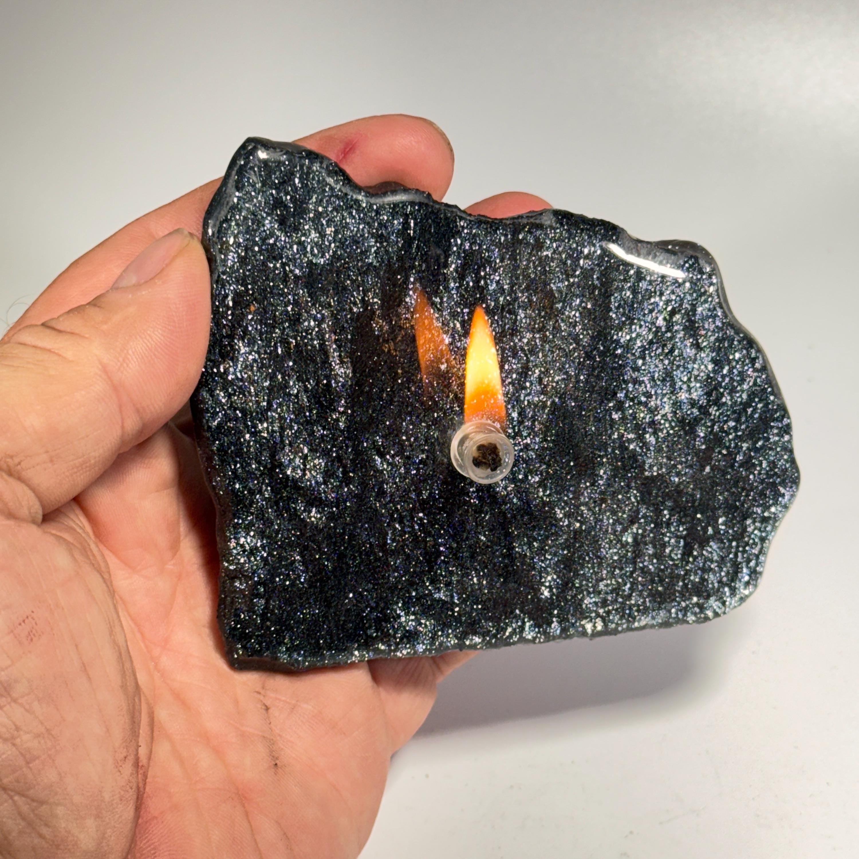 [shopname] - Rock oil candle, Specular Hematite | rock oil lamp, specularite, michigan iron ore, stone oil candle, rock candle, iron candle, rock decor
