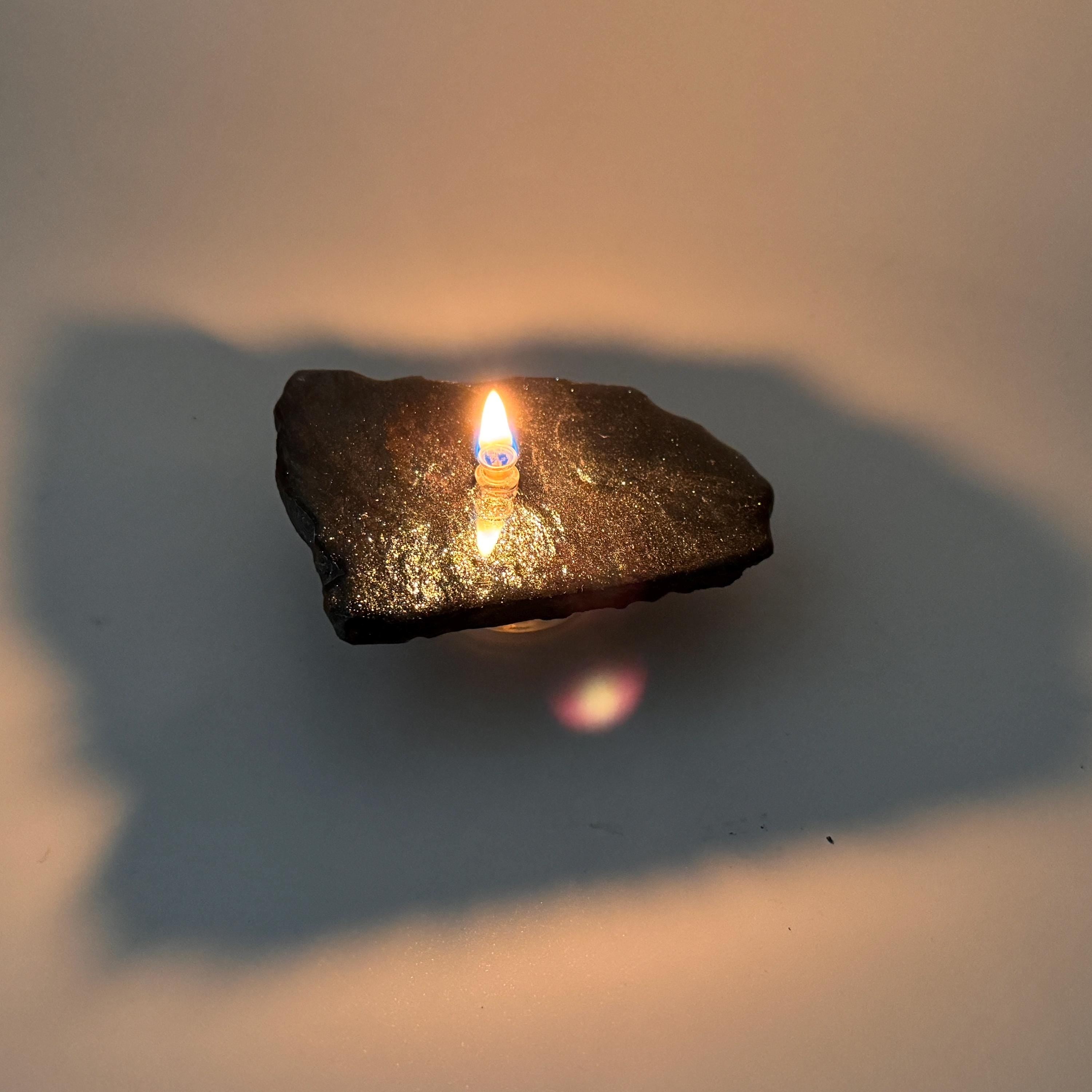[shopname] - Rock oil candle, Specular Hematite | rock oil lamp, specularite, michigan iron ore, stone oil candle, rock candle, iron candle, rock decor