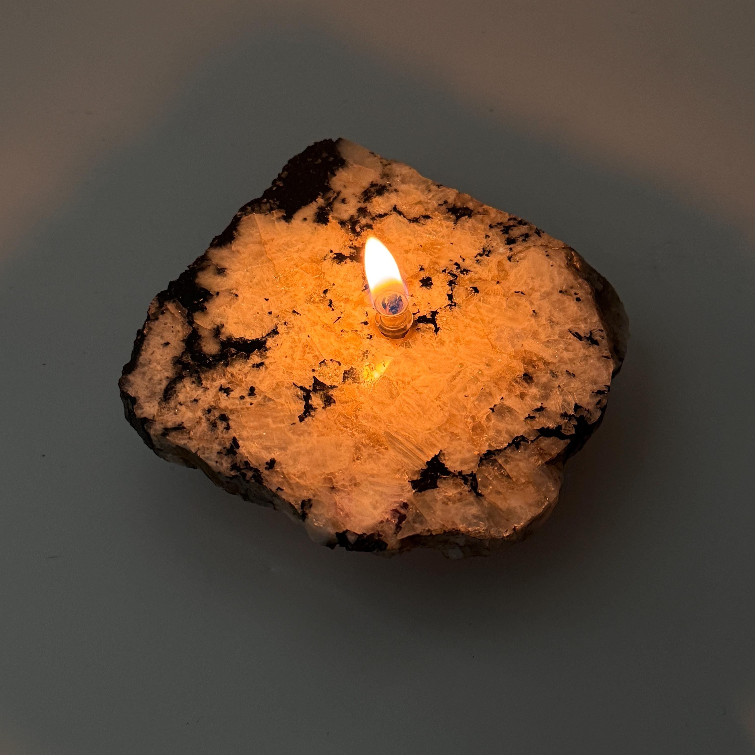 [shopname] - Rainbow Moonstone rock candle, rock decor