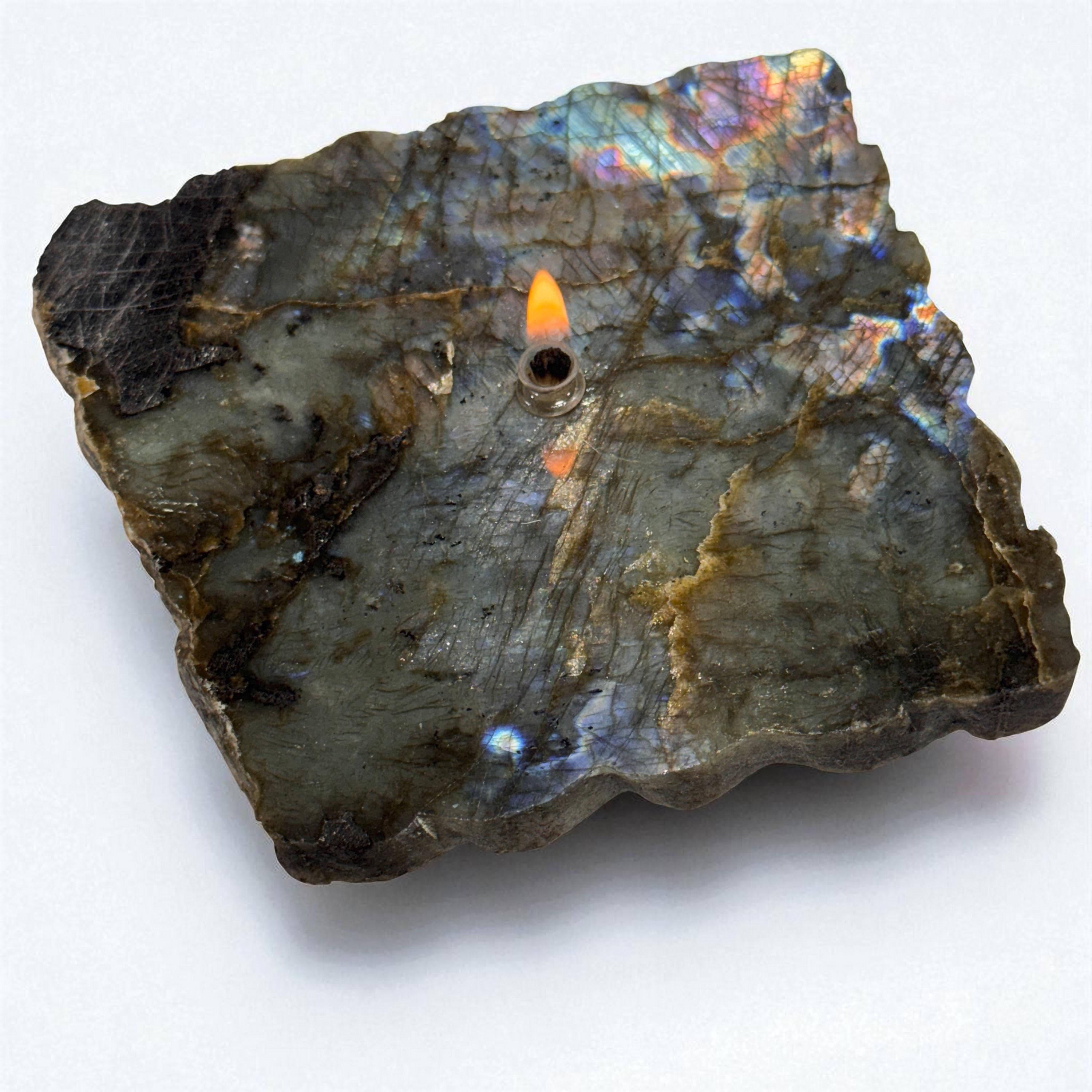 [shopname] - Labradorite Rock Candle | blue and purple iridescent stone, crystal candle, labradorite lamp, rock oil lamp, rock or candle lover gift, rock decor