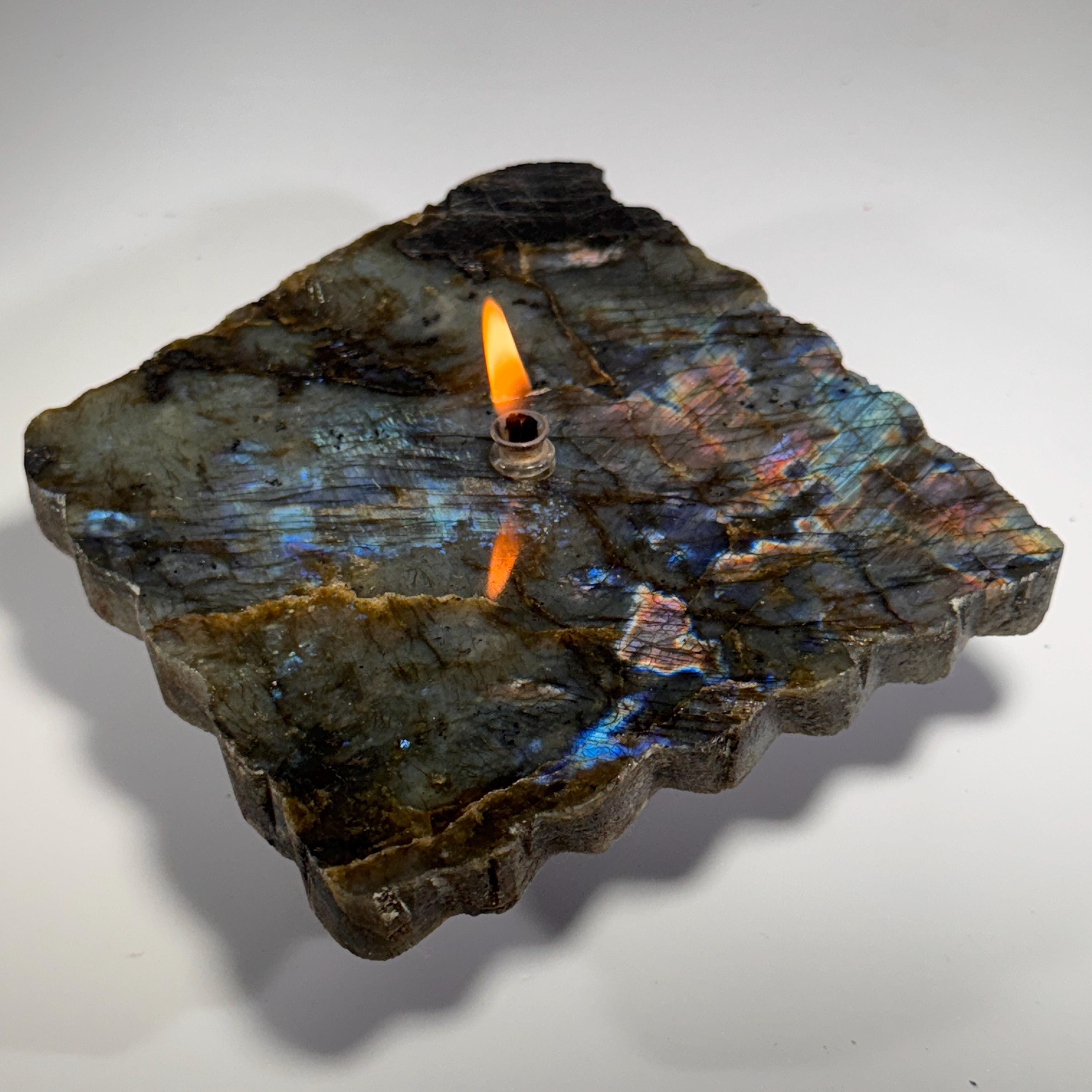 [shopname] - Labradorite Rock Candle | blue and purple iridescent stone, crystal candle, labradorite lamp, rock oil lamp, rock or candle lover gift, rock decor