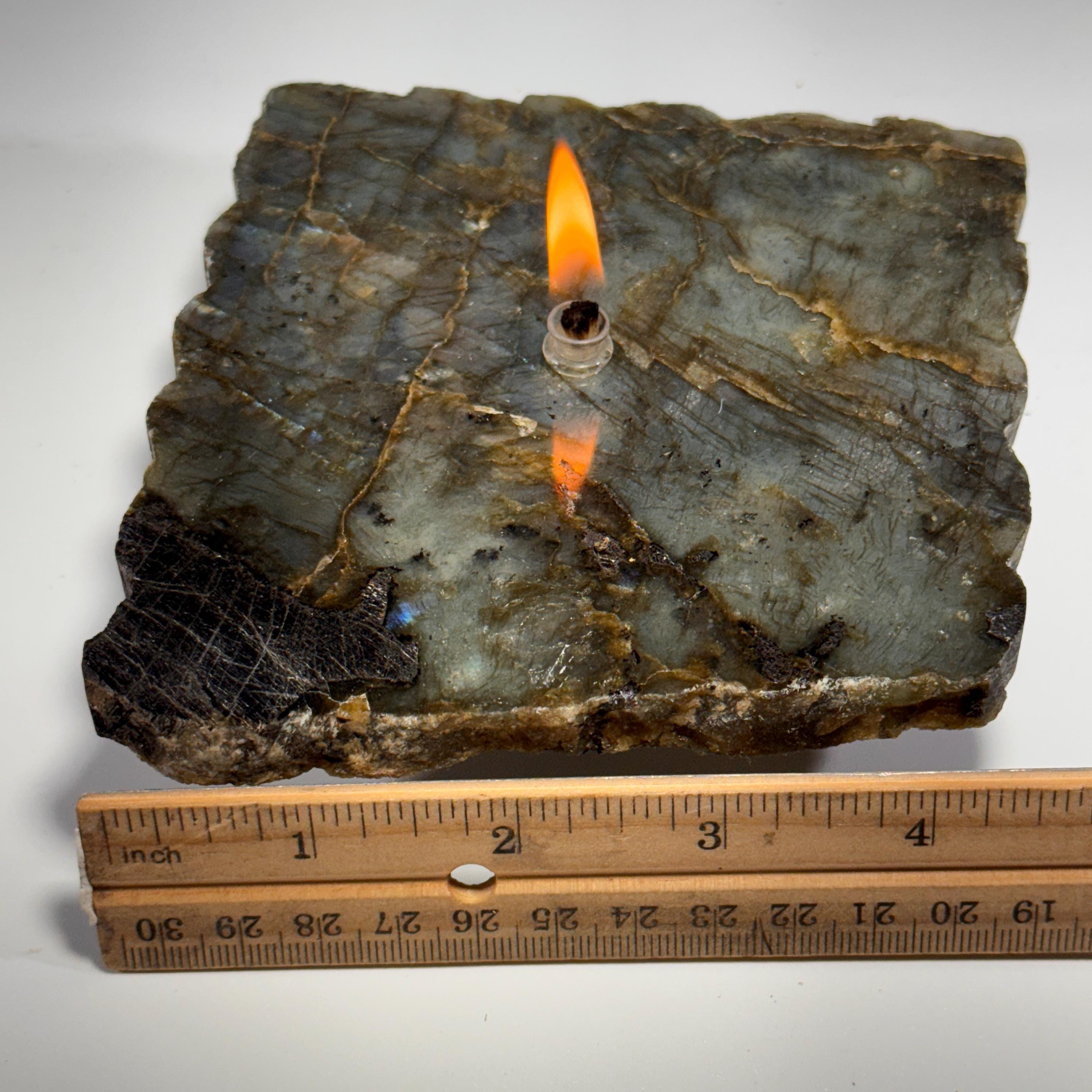 [shopname] - Labradorite Rock Candle | blue and purple iridescent stone, crystal candle, labradorite lamp, rock oil lamp, rock or candle lover gift, rock decor