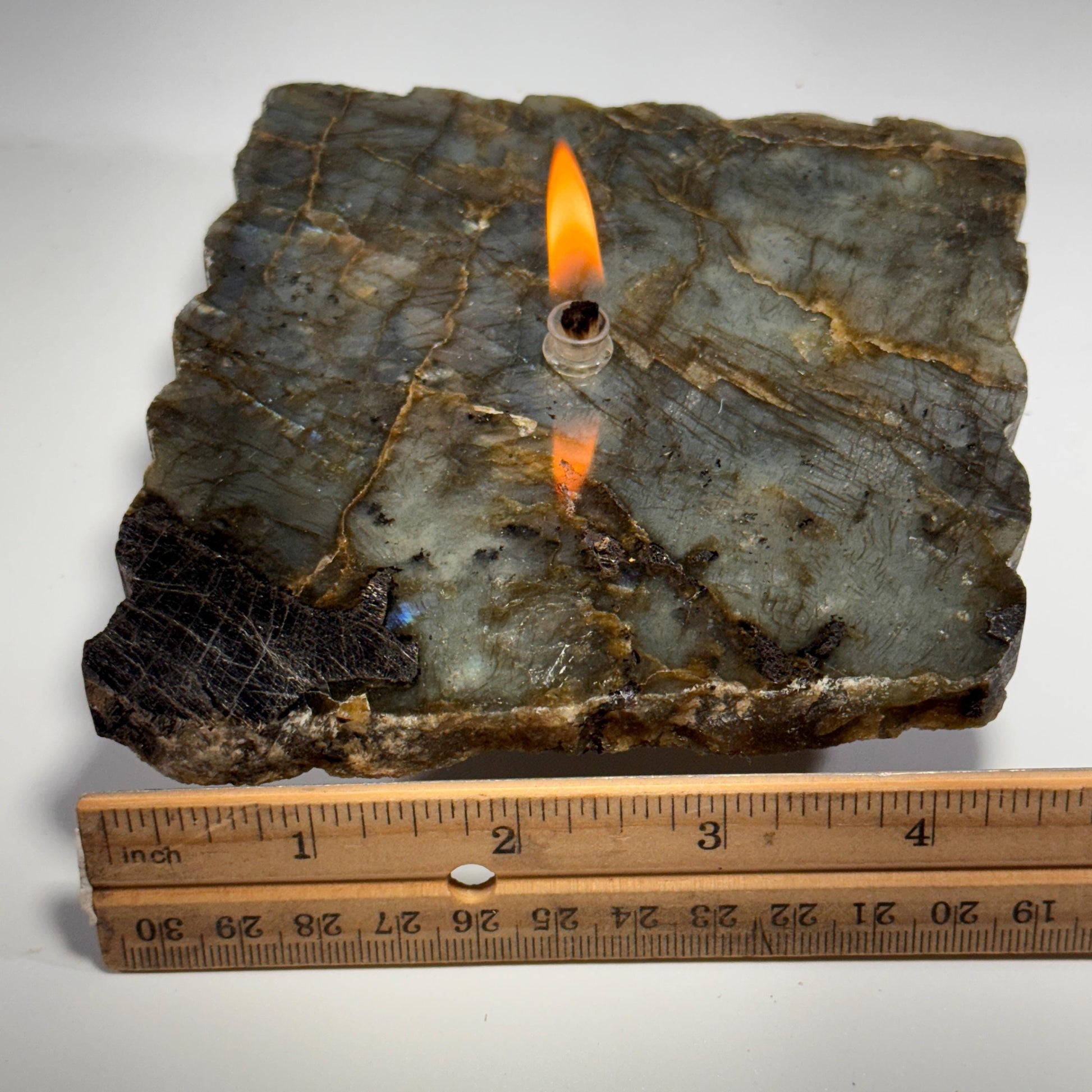 [shopname] - Labradorite Rock Candle | blue and purple iridescent stone, crystal candle, labradorite lamp, rock oil lamp, rock or candle lover gift, rock decor