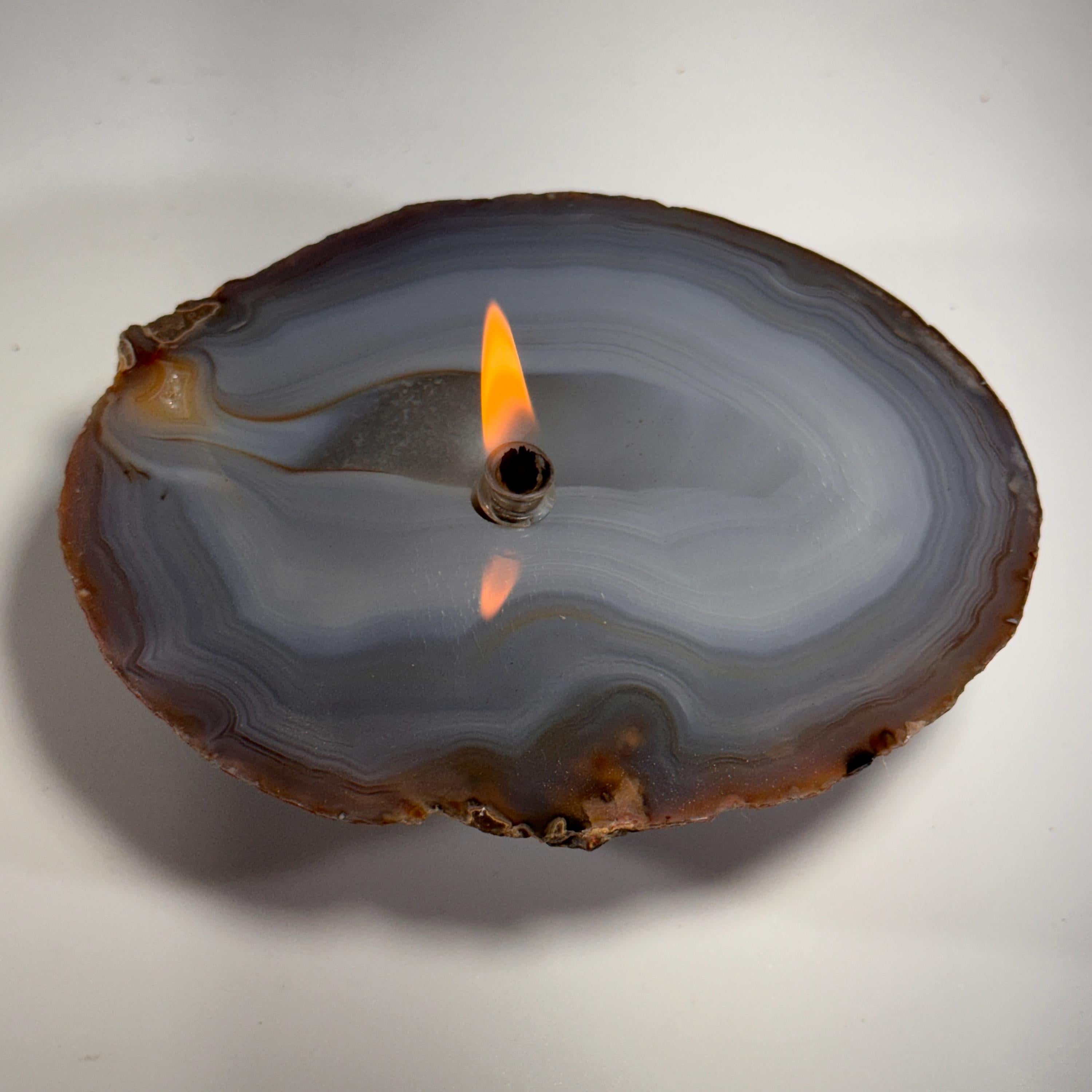 [shopname] - Thick Agate Geode Candle | Brazil agate geode slab| rock oil lamp, agate oil candle, rock lover or candle lover gift, stone oil lamp, rock decor