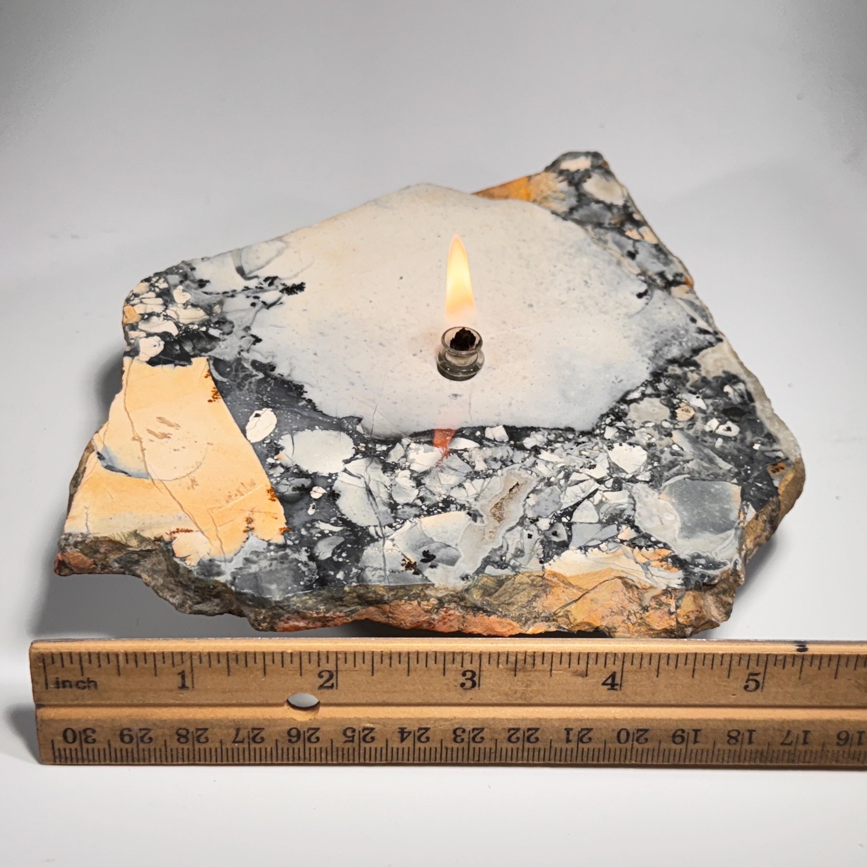 [shopname] - Rock oil candle, Maligano jasper | jasper rock oil candle, stone oil lamp, maligano jasper slice, rock candle, crystal lamp, metaphysical, rock decor