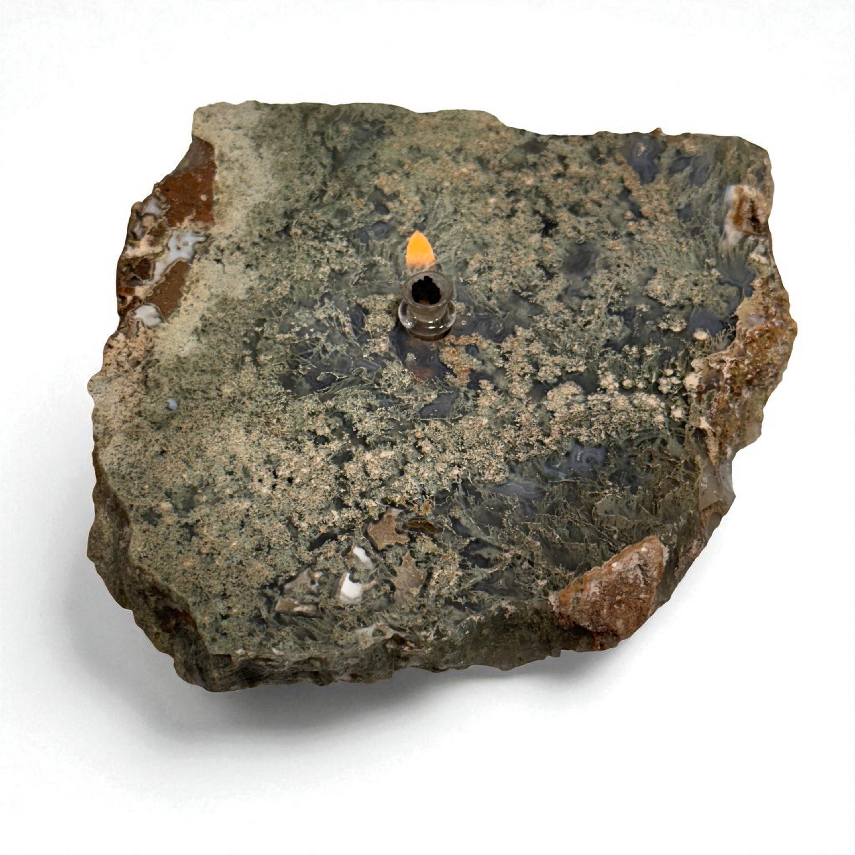 [shopname] - Moss Agate Rock Oil Candle | rock oil lamp, agate candle, agate stone candle, agate geode, rock lover or candle lover gift idea, Indonesia, rock decor