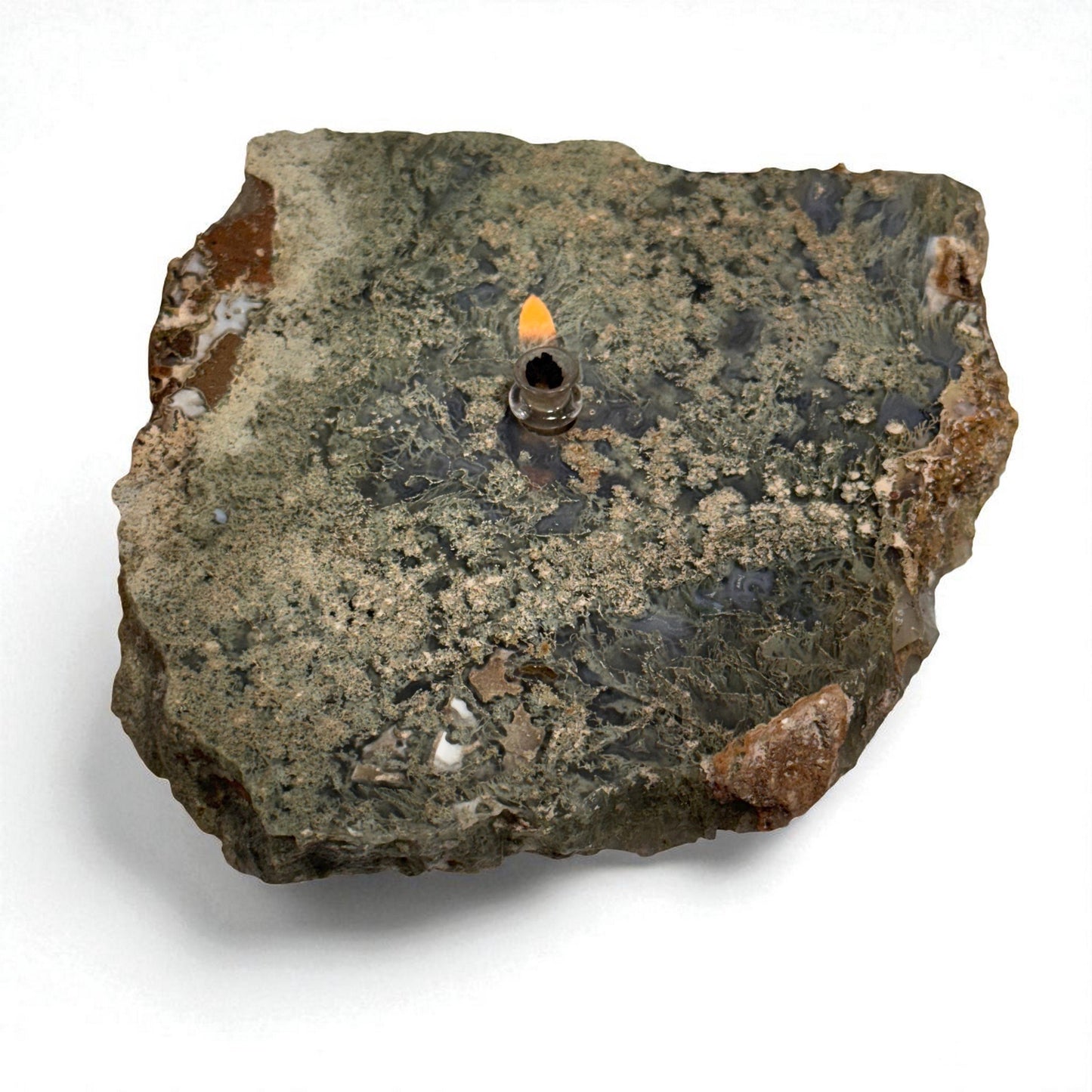 [shopname] - Moss Agate Rock Oil Candle, rock decor