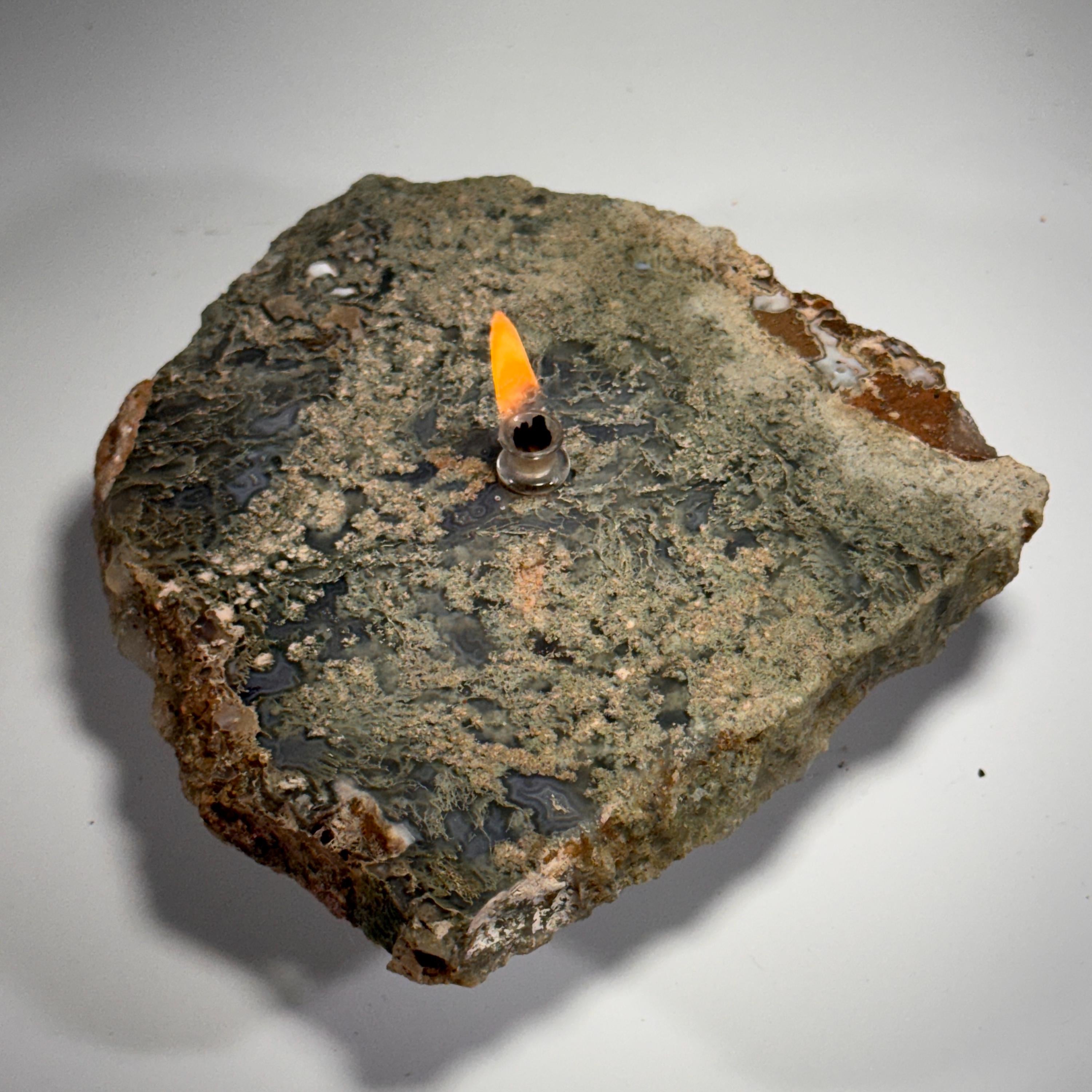 [shopname] - Moss Agate Rock Oil Candle | rock oil lamp, agate candle, agate stone candle, agate geode, rock lover or candle lover gift idea, Indonesia, rock decor