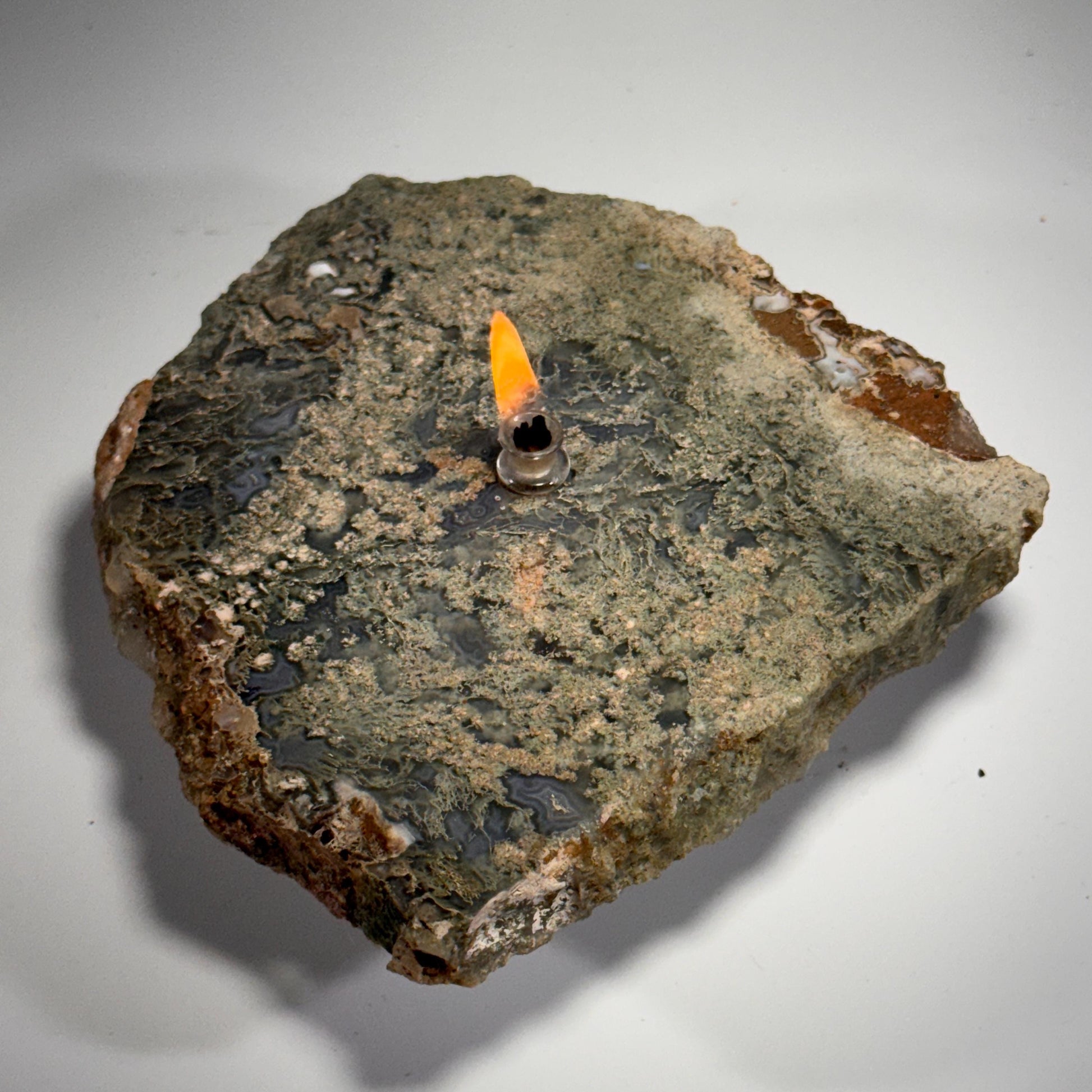 [shopname] - Moss Agate Rock Oil Candle, rock decor