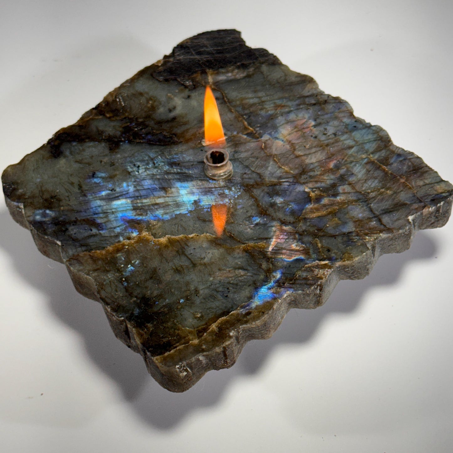 [shopname] - Labradorite Rock Candle | blue and purple iridescent stone, crystal candle, labradorite lamp, rock oil lamp, rock or candle lover gift, rock decor